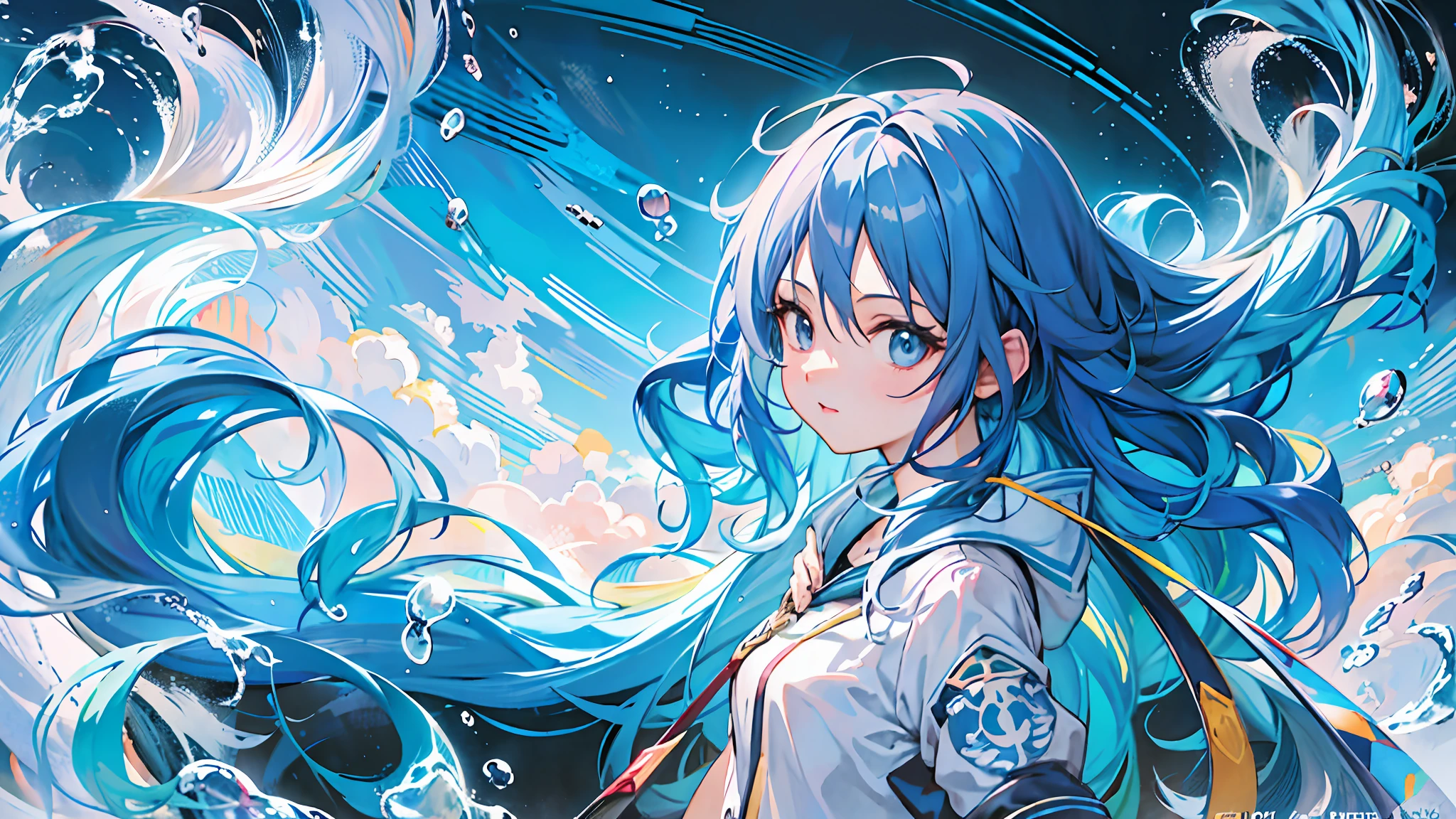 anime girl with blue hair and blue eyes standing in front of a blue background, wallpaper anime blue water, anime art wallpaper 8 k, anime art wallpaper 4 k, anime art wallpaper 4k, anime girl with cosmic hair, tall anime guy with blue eyes, 4 k manga wallpaper, by Yuumei, zerochan art, anime style 4 k