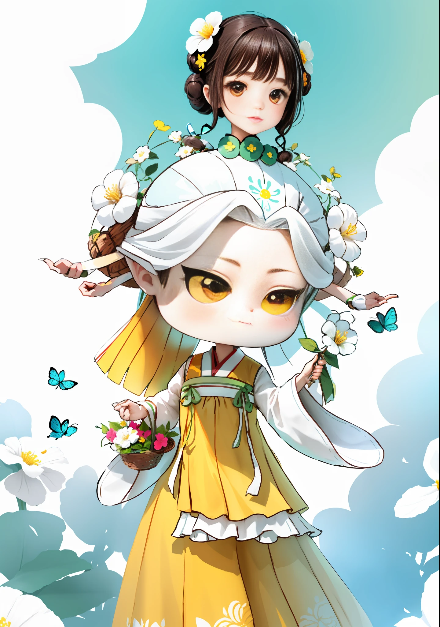 A cute girl with dark brown hair, holding a flower basket in one hand, ancient Chinese hair bun, holding a white hibiscus flower in the other hand, next to a butterfly, white hibiscus flowers on both sides of the hair, some metal flower headdress, yellow skirt, dress sleeves are light green, the scene has two butterflies playing, the color blocks are bright, the colors are bright, the colors are bright, the lines are artistic, infinite details, fine painting, beautifully depicted, blank background