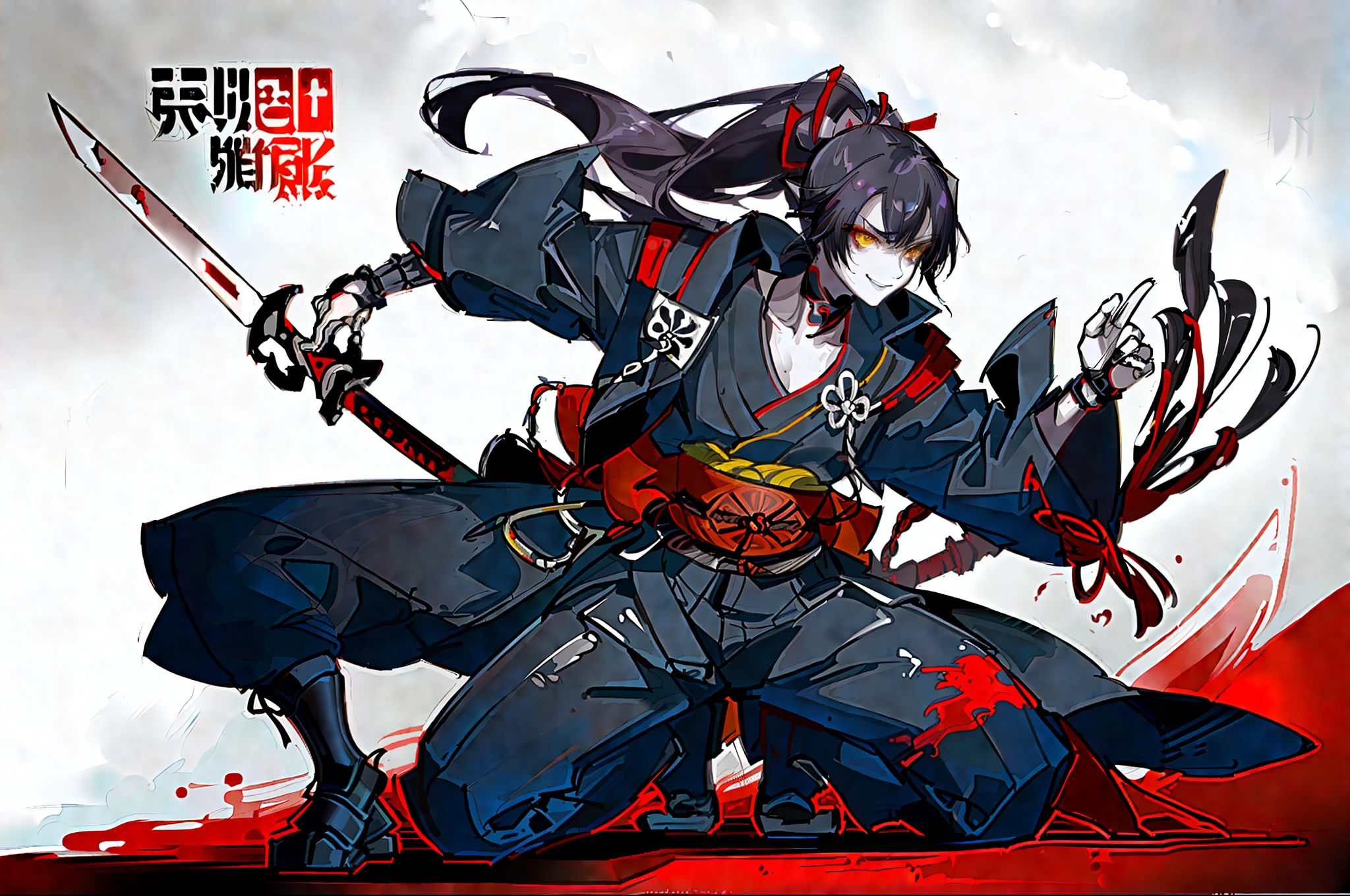 "(best quality), detailed and eerie background, cyborg girl, Black and red cybernetic samurai armor, with Yokai and zombie-like features, black hair pulled back into a ponytail, holding a cybernetic sword, confident smile, fierce yellow eyes glaring out from the shadows."