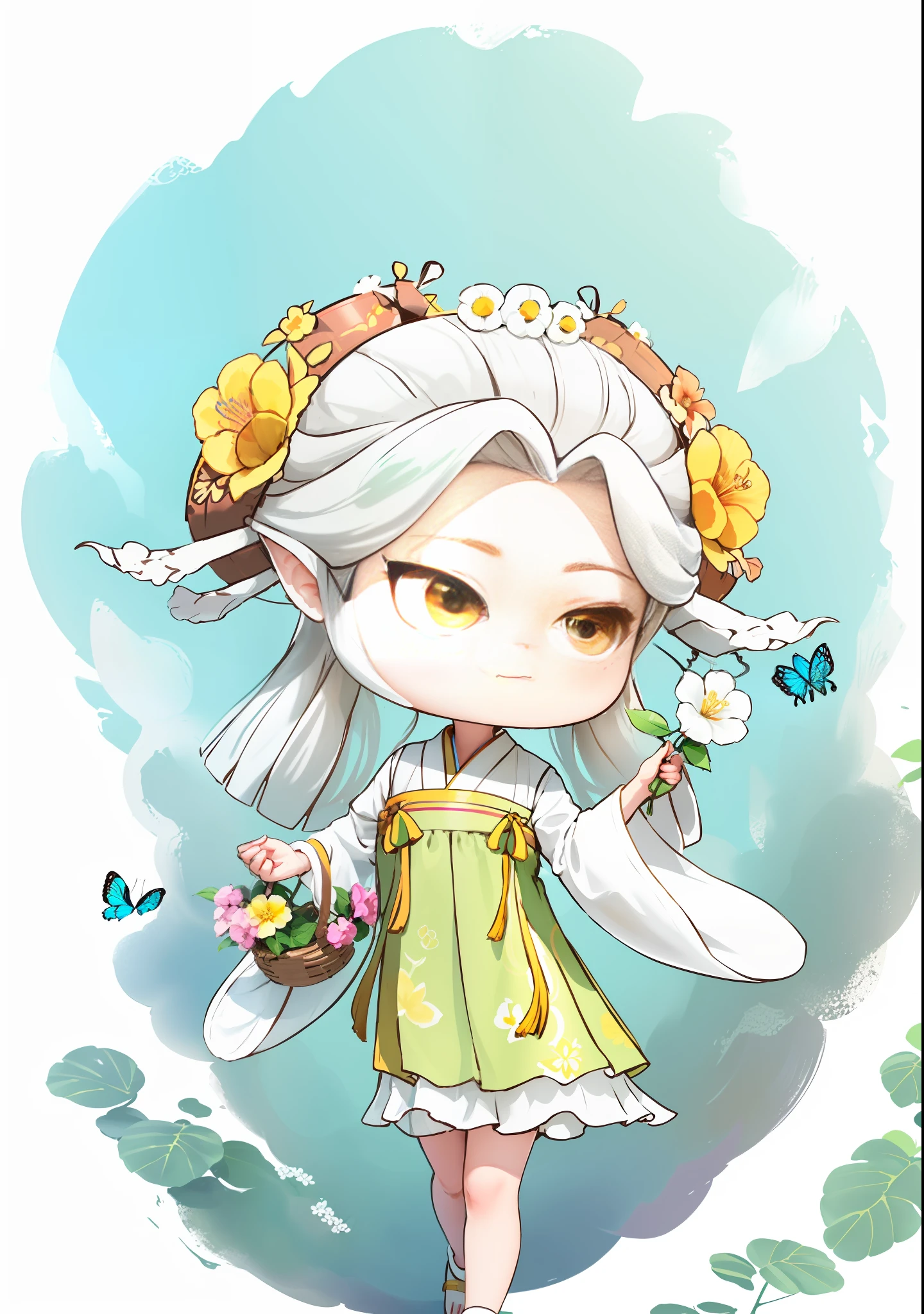 A cute girl with dark brown hair, holding a flower basket in one hand, ancient Chinese hair bun, holding a white hibiscus flower in the other hand, next to a butterfly, white hibiscus flowers on both sides of the hair, some metal flower headdress, yellow skirt, dress sleeves are light green, the scene has two butterflies playing, the color blocks are bright, the colors are bright, the colors are bright, the lines are artistic, infinite details, fine painting, beautifully depicted, blank background