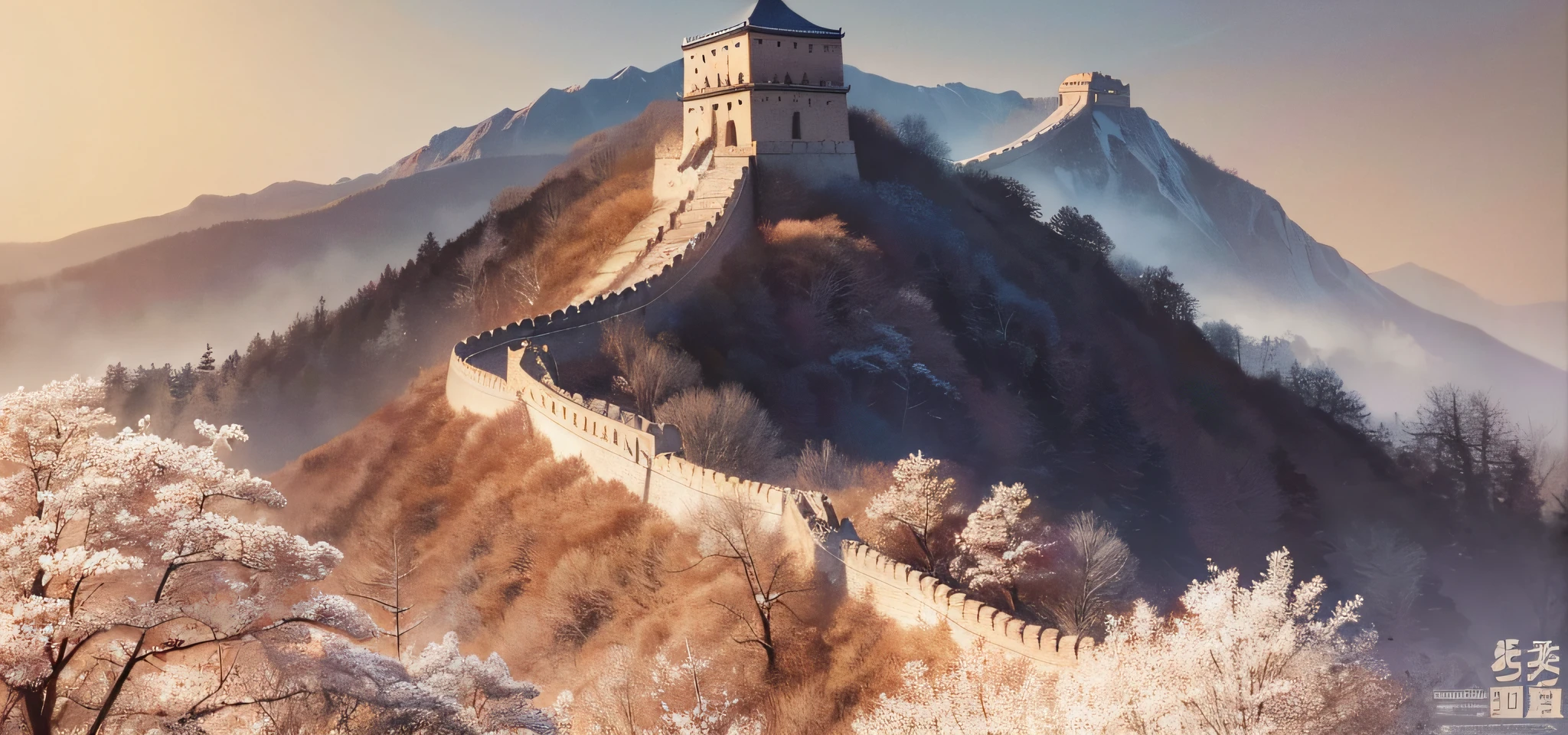 (Best quality, masterpiece) Great Wall drawing, ink painting, brush painting, artistic conception, master handwriting, majesty towering,