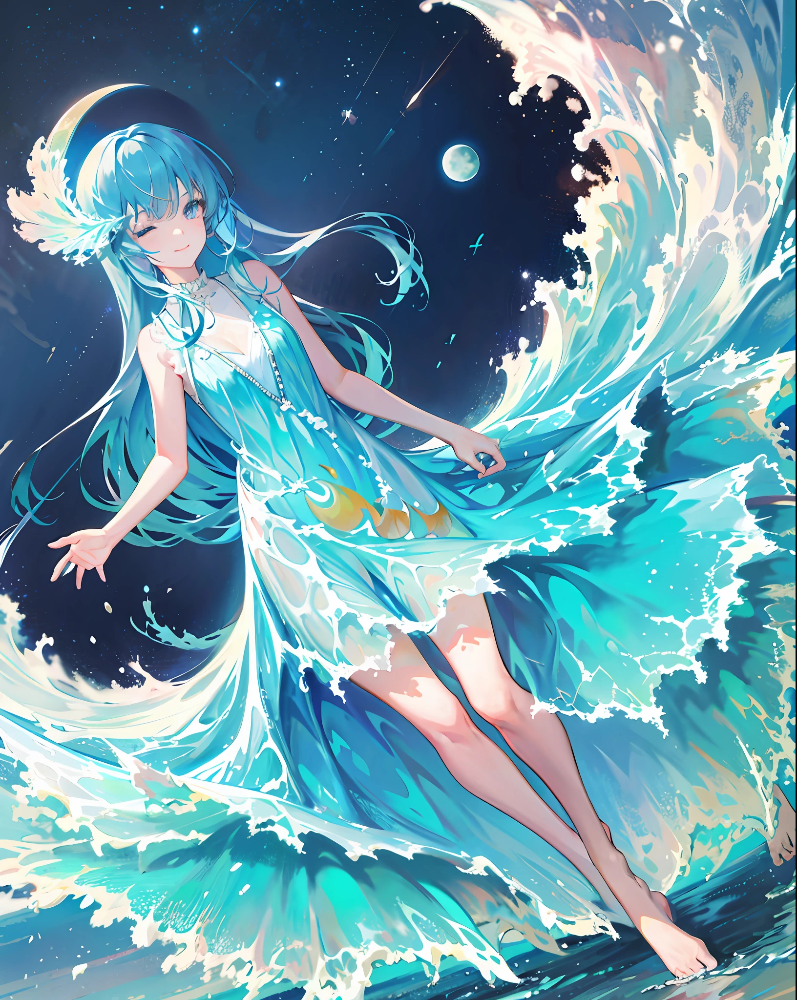 liquid clothes, 1 girl, solo, long hair, dress, barefoot, blue hair, one eye closed, blue eyes, clouds, very long hair, sky print, blue dress, standing, sleeveless, looking at the audience, smiling, (moon))