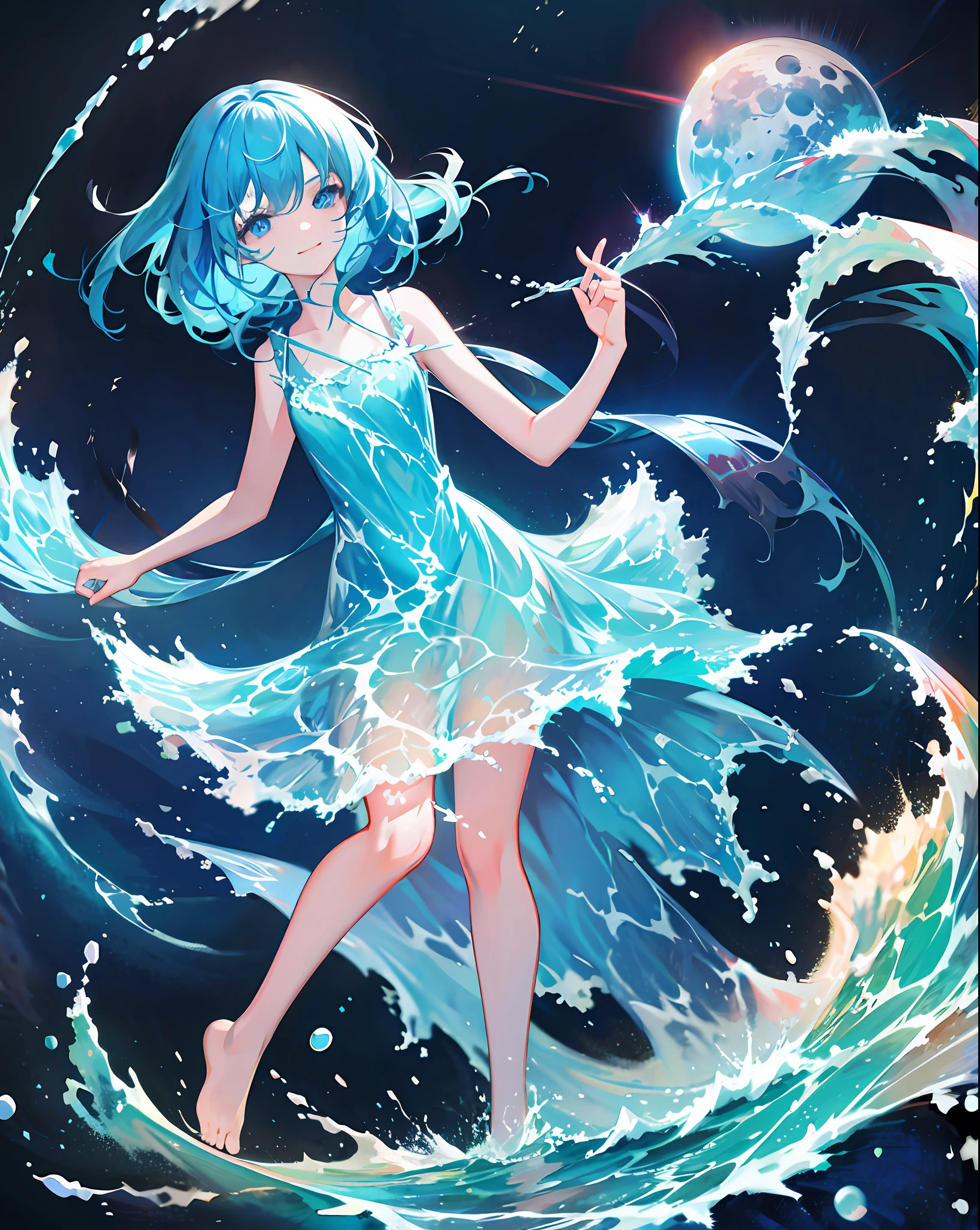 liquid clothes, 1 girl, solo, long hair, dress, barefoot, blue hair, one eye closed, blue eyes, clouds, very long hair, sky print, blue dress, standing, sleeveless, looking at the audience, smiling, (moon))