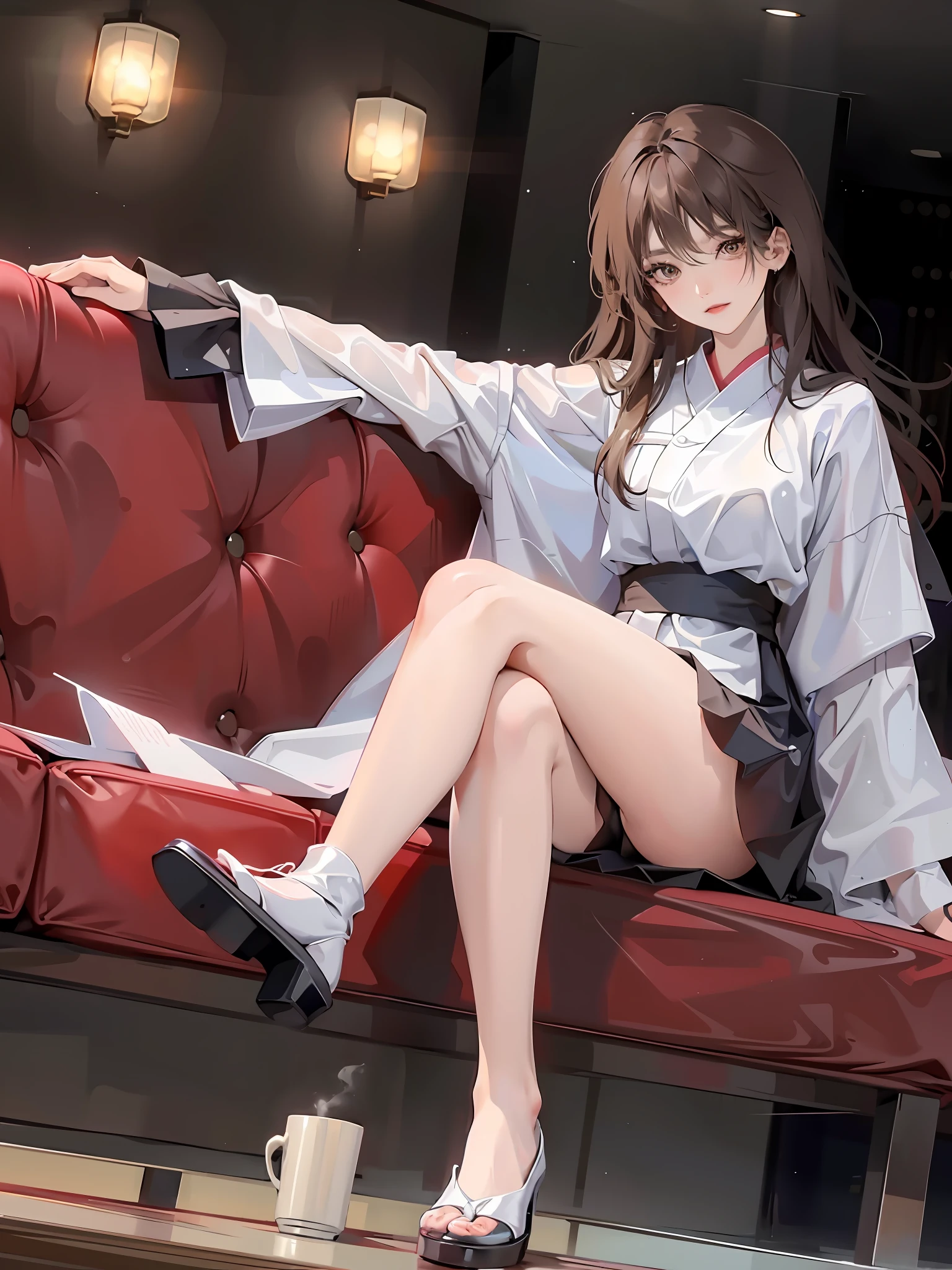 woman sitting on a couch with a cup of coffee in her hand, korean woman, korean girl, beautiful south korean woman, gorgeous young korean woman, elegant legs, long legs, very beautiful long slim legs, full legs, very beautiful slim legs, attractive pose, nice legs, beautiful young korean woman, crossed legs, pretty face with arms and legs