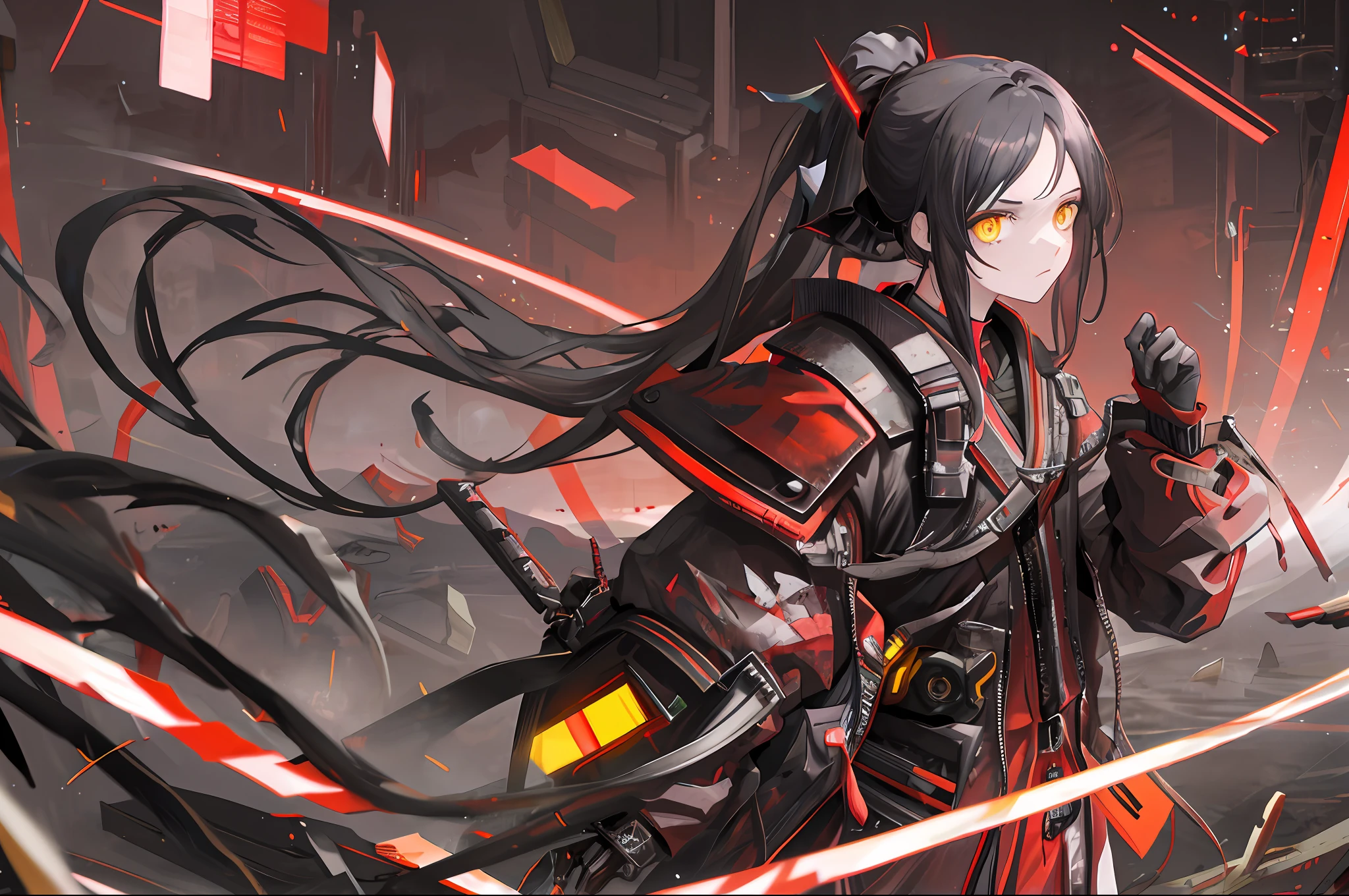 masterpiece, best quality, 8k, digital painting, 1girl, solo, standing, young adult, black hair, ponytail, hair accessory, yellow eyes, circular pupil, emotionless expression, bloodstains, red and black samurai armor, wires, cables, glitch effect, horror, sci-fi, futuristic, dark background, neon lights, cyberpunk, surreal, eerie, unsettling, creepy, horror.