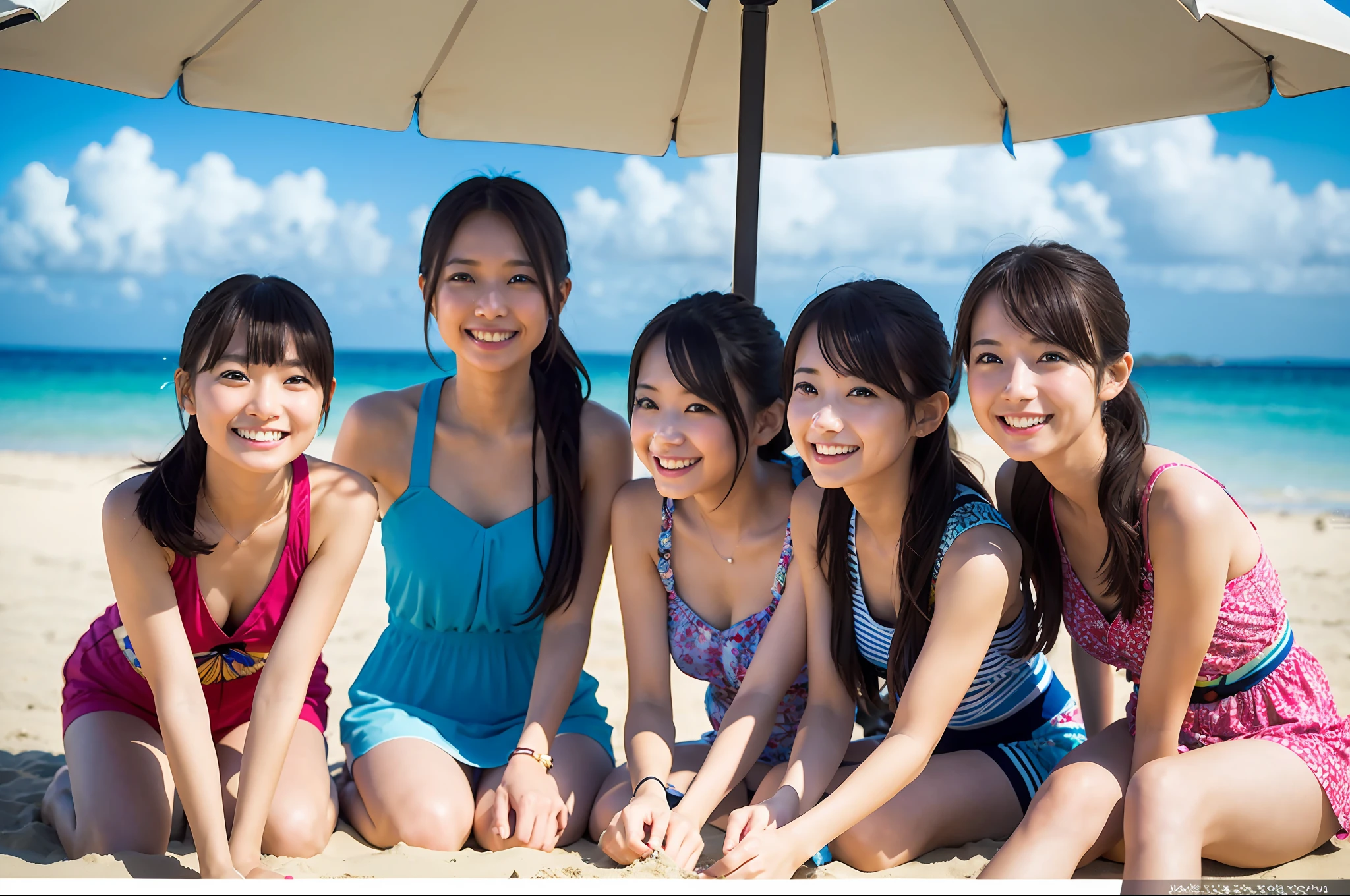 a group of girls in a beach in Okinawa, sitting on sand, under beach umbrella, cute, kawaii, sexy, smile, laugh, posing, looking at viewer, (((best quality, masterpiece))), (((extremely detailed))), RAW photo, realistic, cinematic lighting, best quality, 8k uhd,