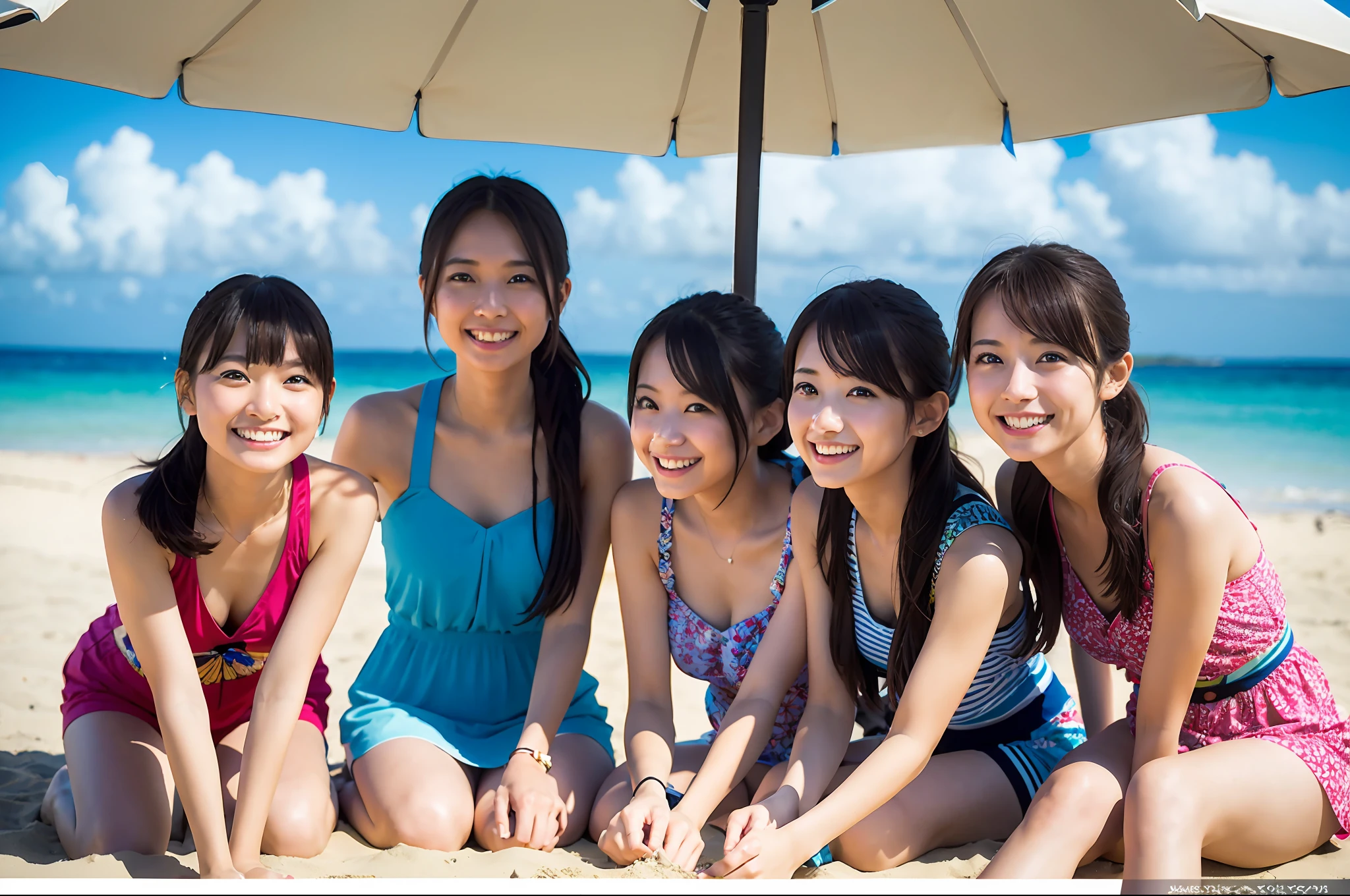 a group of girls in a beach in Okinawa, sitting on sand, under beach umbrella, cute, kawaii, sexy, smile, laugh, posing, looking at viewer, (((best quality, masterpiece))), (((extremely detailed))), RAW photo, realistic, cinematic lighting, best quality, 8k uhd,