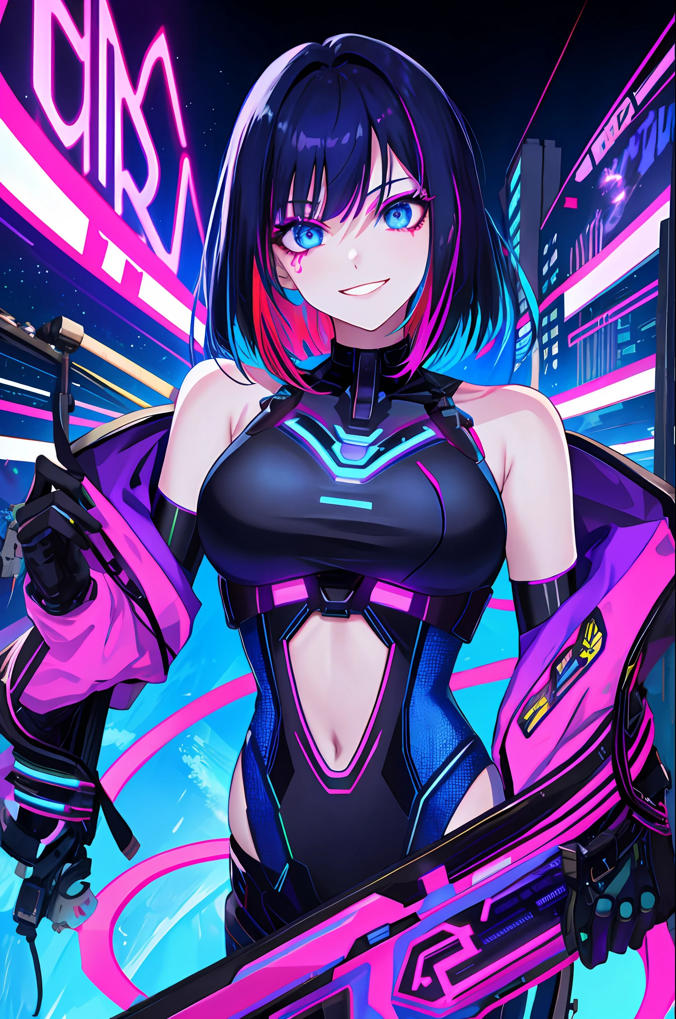 blacklight, lucy \(cyberpunk\), 1girl, bangs, (BIG SMILE)bare shoulders, blue eyes, blurry, blurred background, bodysuit, breasts, cyberpunk, cyborg, expressionless, jacket, leotard, looking at viewer, makeup, medium breasts, monowire, multicolored hair, off shoulder, on the moon, open clothes, open jacket, separate bangs, planet, red eyeliner, science fiction, short hair, solo, wire, white hair,