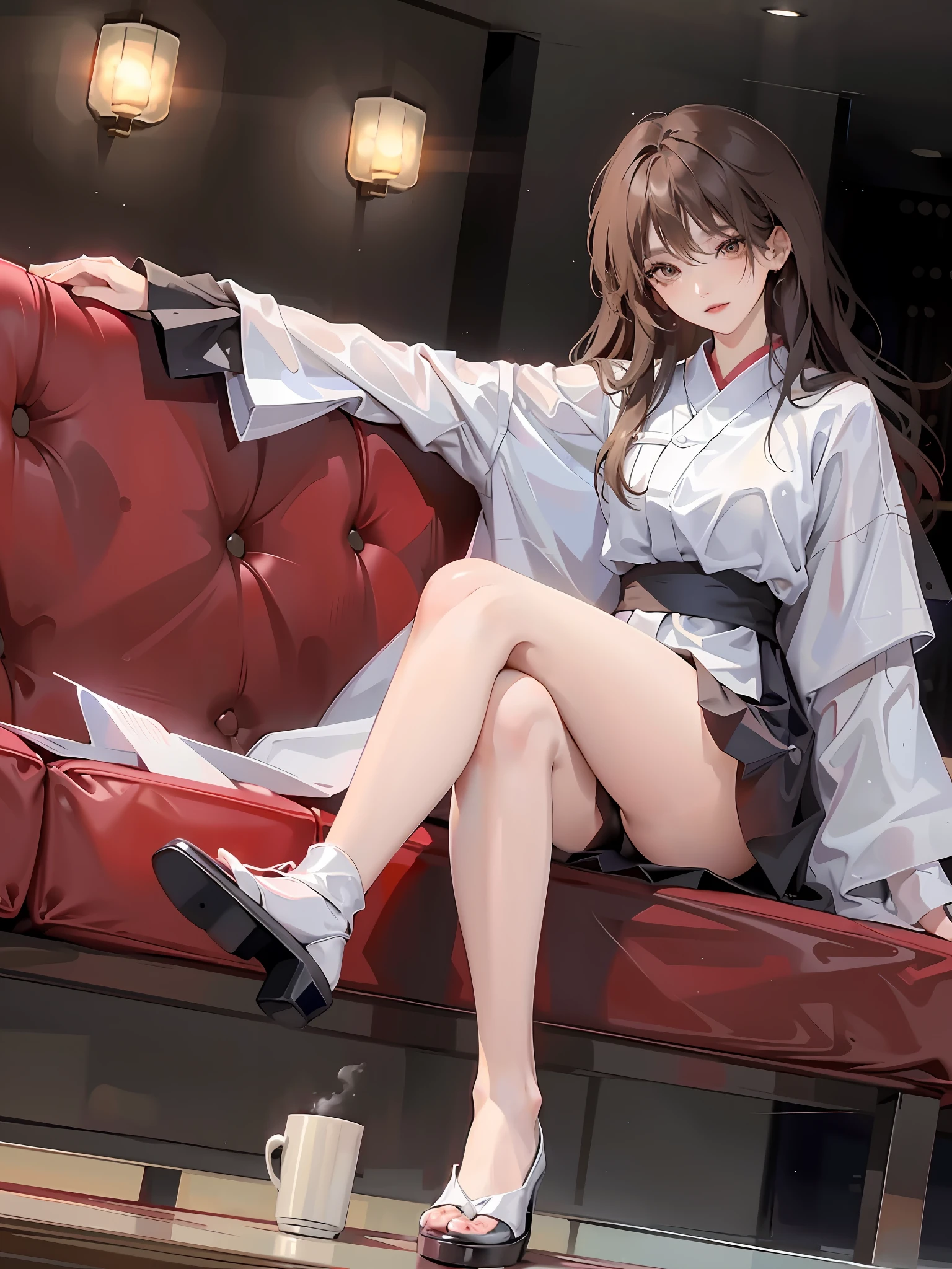 woman sitting on a couch with a cup of coffee in her hand, korean woman, korean girl, beautiful south korean woman, gorgeous young korean woman, elegant legs, long legs, very beautiful long slim legs, full legs, very beautiful slim legs, attractive pose, nice legs, beautiful young korean woman, crossed legs, pretty face with arms and legs