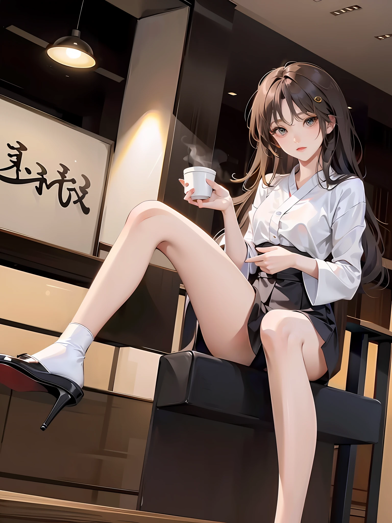 Woman sitting on sofa with a cup of coffee in her hand, beautiful korean woman, gorgeous, young, elegant legs, long legs, very beautiful long legs, complete legs, very beautiful slim legs, attractive pose, beautiful legs, beautiful korean young woman, crossed legs, beautiful face with arms and legs