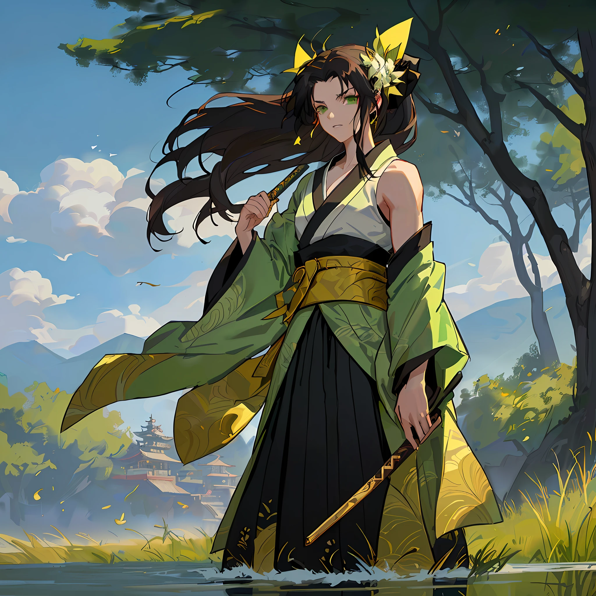 anime character with long hair and a green robe holding a sword, handsome face in demon slayer art, fanart demon slayer rui, demon slayer artstyle, by Yang J, official art, keqing of genshin impact, sage (valorant), official character art, flowing hair and long robes, beautiful character painting, artgerm and atey ghailan open fan in his hand