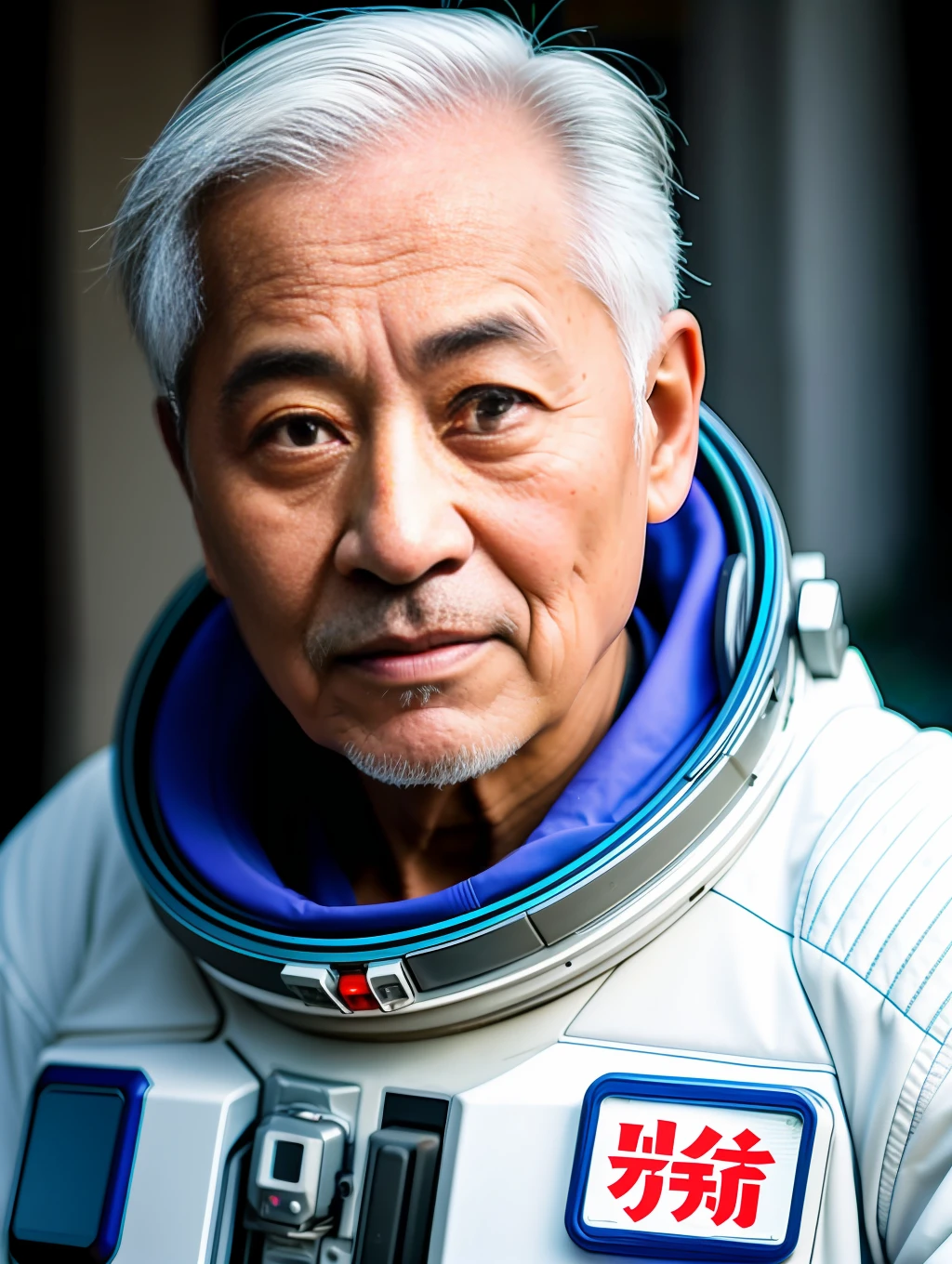 Chinese Polite Handsome Old Man, Weather-Beaten Skin, Gray Hair, Big Eyes, Looking into the Distance, Sharp Eyes, Spacesuit, Space, Interior Lighting, Science Fiction, Space Station, (HDR: 1.1), 8K, Realistic Hair, Clear Details, (HDR: 1.2), (Pastel Colors: 1.2), RAW Photo, Film Grave, Fujifilm XT3