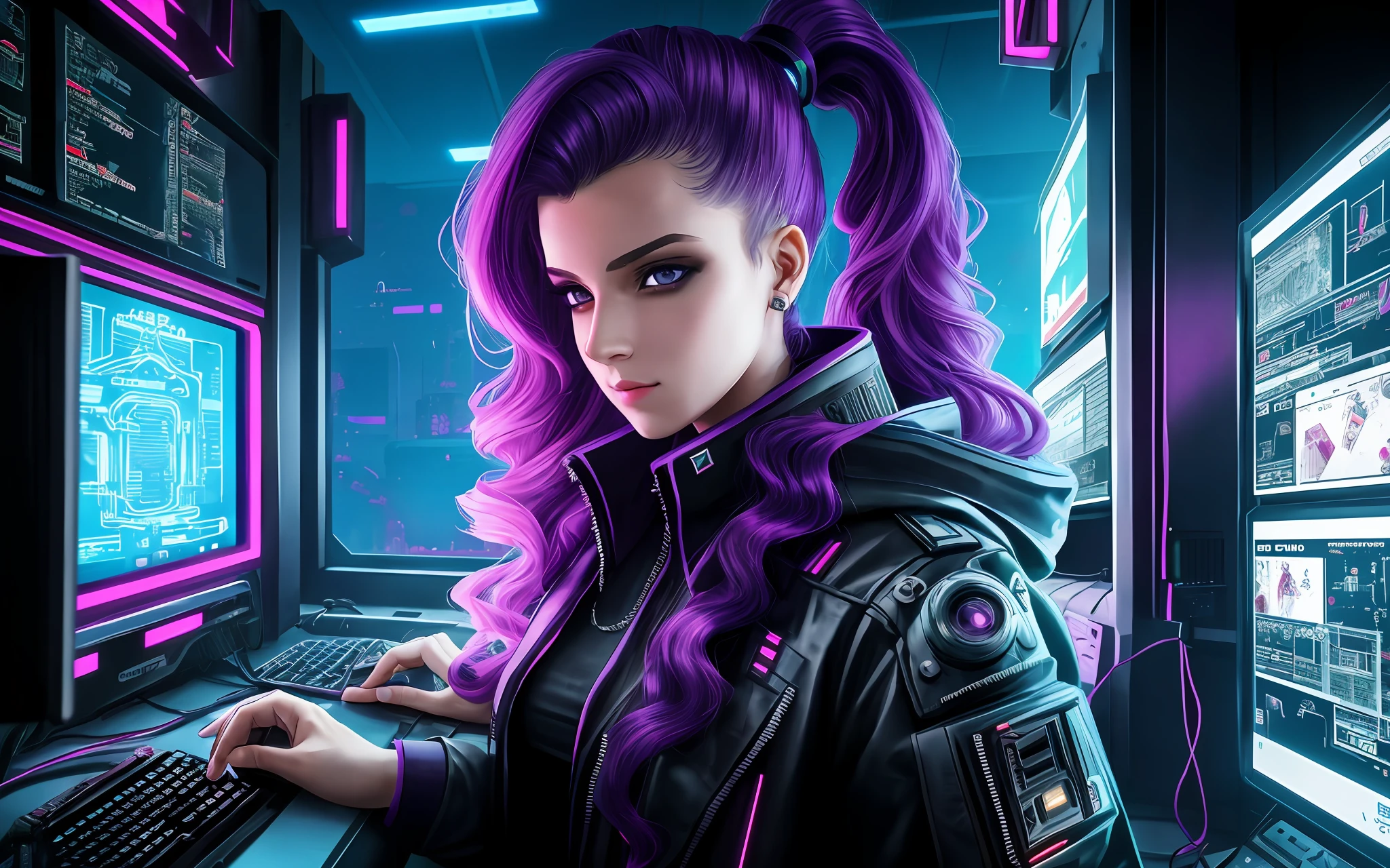 a female hacker with thick voluminous hair and a purple ponytail of hair, who controls a computer terminal, computer servers, LCD screens, fiber optic cables, is engaged in the manufacture of deepfake, works at a computer, Anastasia Ovchinnikova, Marina Fedorovna, photo Jessica Devic, Sofia Emelenko, Maria Panfilova, Alexandra Valishevskaya, Nadezhda Tikhomirova, Katinka Reinke, Angelina Stroganov, Svetlana Tigay, cyberpunk art style, cyberpunk thematic art, art style cyberpunk, cyberpunk girl portrait, cyberpunk portrait, cyberpunk bright glow, advanced cyberpunk digital art, cyberpunk style, cyberpunk style color, hyper-realistic cyberpunk style, female cyberpunk, cyberpunk character art, dreamy cyberpunk girl, cyberpunk atmosphere, cyberpunk atmosphere, cyberpunk vibes, high detail, cinematic composition