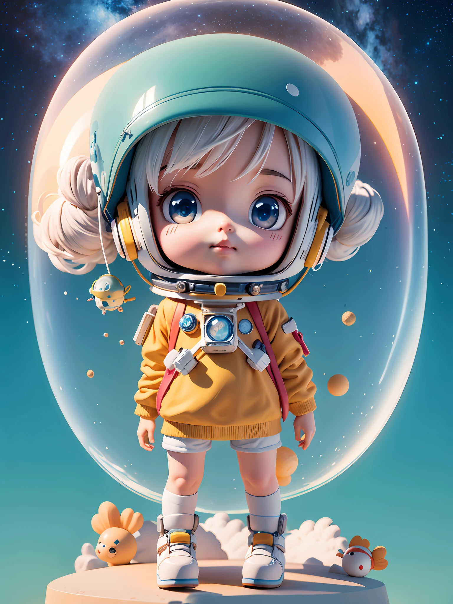 Pixar style, with a little doll with helmet and helmet, delicate face full of details, little astronaut looking up, portrait anime space cadet boy, anime boy rendering, cute detailed digital art, male explorer mini cute boy, 3d rendering stylized, 3d rendered character art 8k, cute digital painting, anime style 3d, super detailed rendering, cosmic starry sky background,