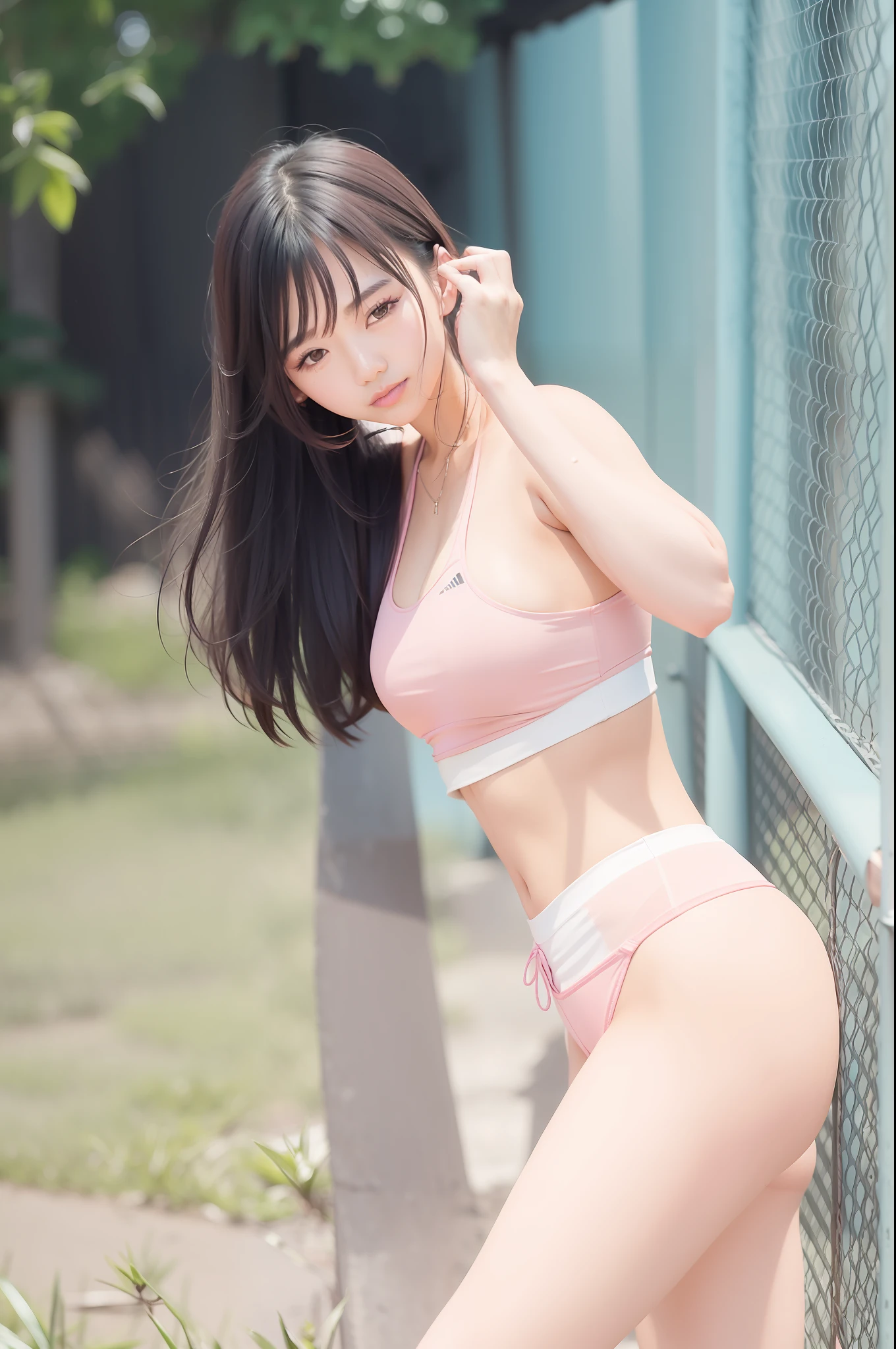 araffe woman in pink sports bra top leaning against fence, beautiful young asian woman, fit girl, gorgeous young korean woman, beautiful asian girl, beautiful asian woman, model with attractive body, beautiful young korean woman, asian girl, young asian woman, young asian girl, fit woman, cute sportswear, an asian woman, wearing fitness gear, a young asian woman