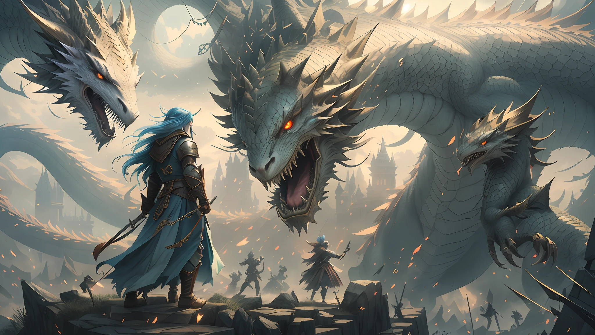 Dragon attacking man holding saber on platform, anime scenes, D&D trend on ArtStation, Dungeons & Dragons fantasy art, epic fantasy game art, 4K fantasy art, fantasy game art, 2. 5 D CGI Anime Fantasy Art, D&D Fantasy Art, Epic Fantasy Style Art, Krentz Kusart and Lin Wenjun, Highly detailed fantasy art, lightning and thunder, fierce wind