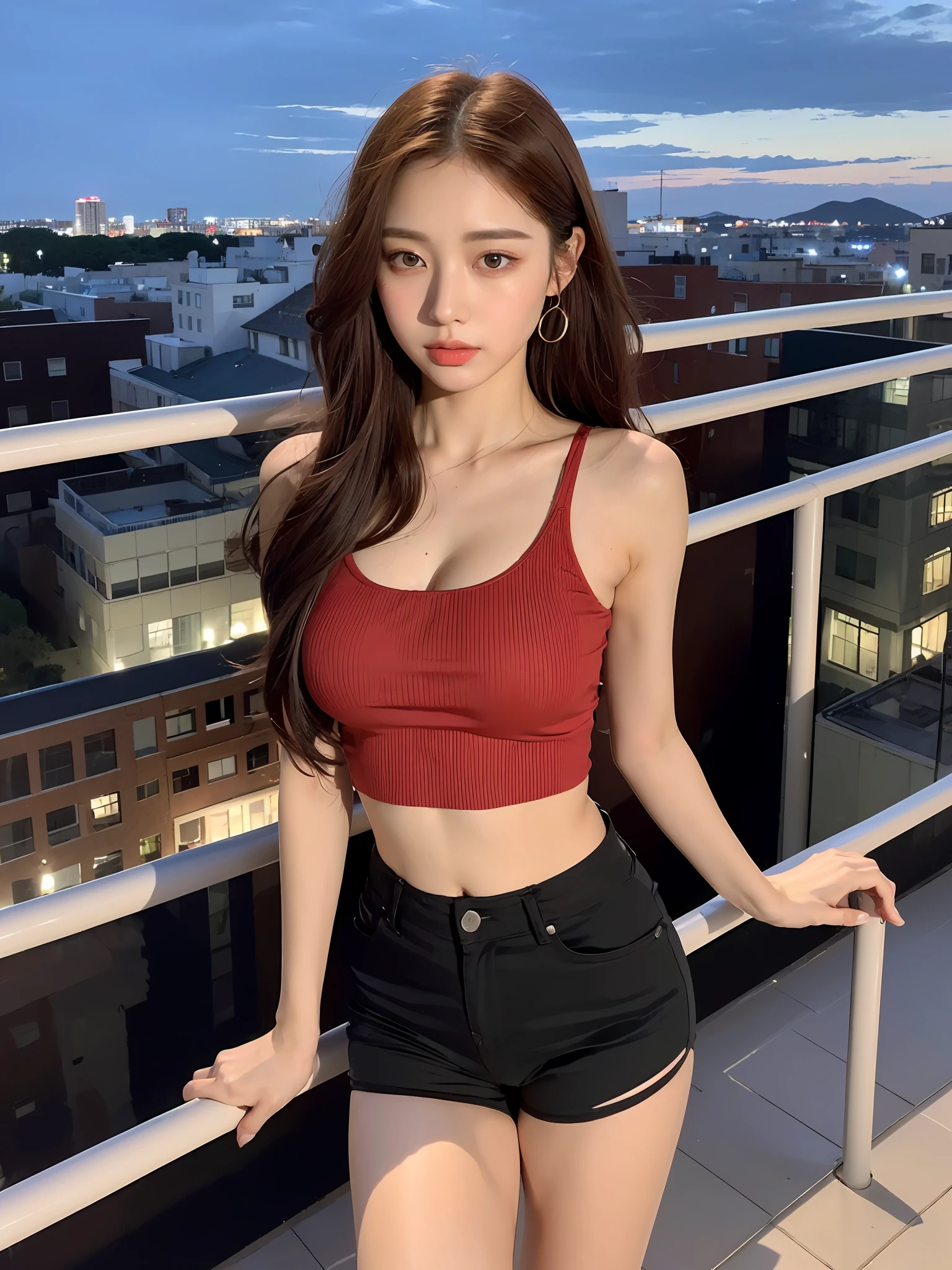((Excellent, 8K, Masterpiece:1.3)), Full body, (Long legs: 1.3), Focal length: 0.8, Perfect Body Beauty: 1.4, Slim Abs: 1.1, ((Red Layered Hair, Big Breasts: 1.2) ), (Camelier Top, Tight Shorts, Standing: 1.2), ((City Night View, Roof: 1.3)), (Girl, Solo), Makeup, Noble, Dignified, Proud, Confident, Highly Detailed Facial and Skin Texture, Delicate Eyes, Double Eyelids,