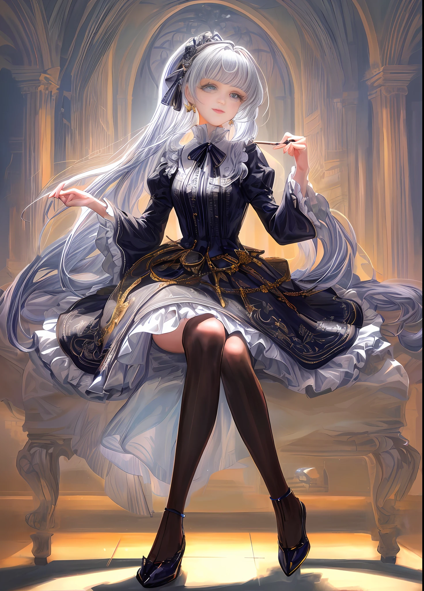 (Masterpiece, Best quality: 1.2), Absurd, (Traditional media: 1.2), (2D:1.2), (Center: 1.3), illustration, skirt_tail, Highly detailed, (Ultra-detailed), Medium shot, (Full body: 1.3), (Perfect female figure), skirt, dress, frills, sitting on a chair, high heels, (solo), beautiful, (detailed eyes, detailed face: 1.2), lips, smile beautiful, lips, shiny, dynamic pose, various colors, depth of field, Landscape, (detail: 1.2), sharp, depth of field, center frills