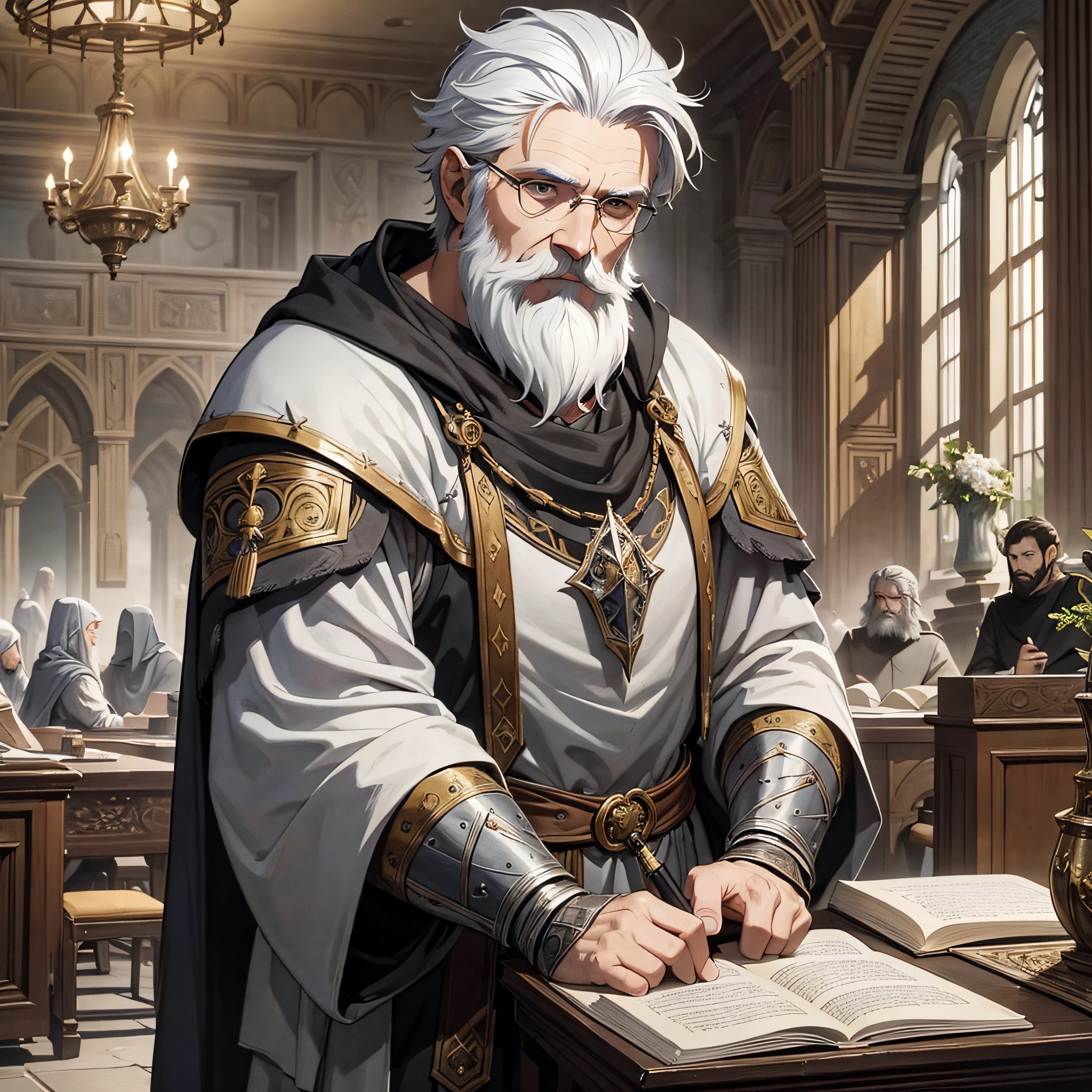 "Masterpiece in medieval fantasy and D&D art style, a wise and studious human with short white hair, short white beard, black colored eyes, gray-colored medieval nobility clothes, former adventurer, masculine appearance, ultra detailed texture, dynamic lighting, trends and an incredible 8k resolution." --auto --s2