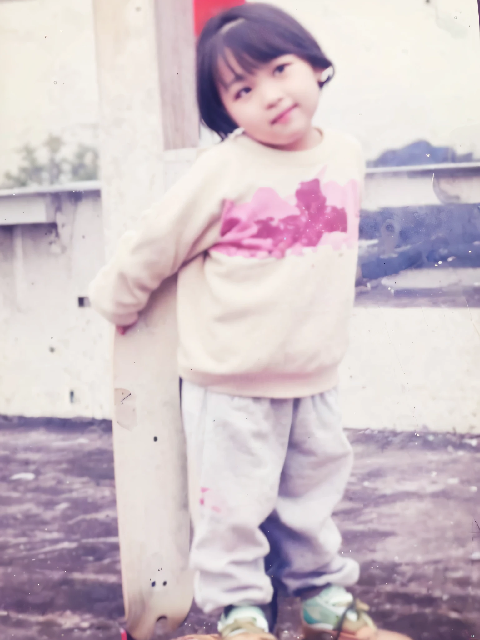 there is a young girl standing on a wooden floor with a skateboard, old picture, four years old, childhood friend, about 3 5 years old, old photo, very old photo, young wan angel, old photography, around 1 9 years old, old style photo, he is about 3 0 years old, he is about 30 years old