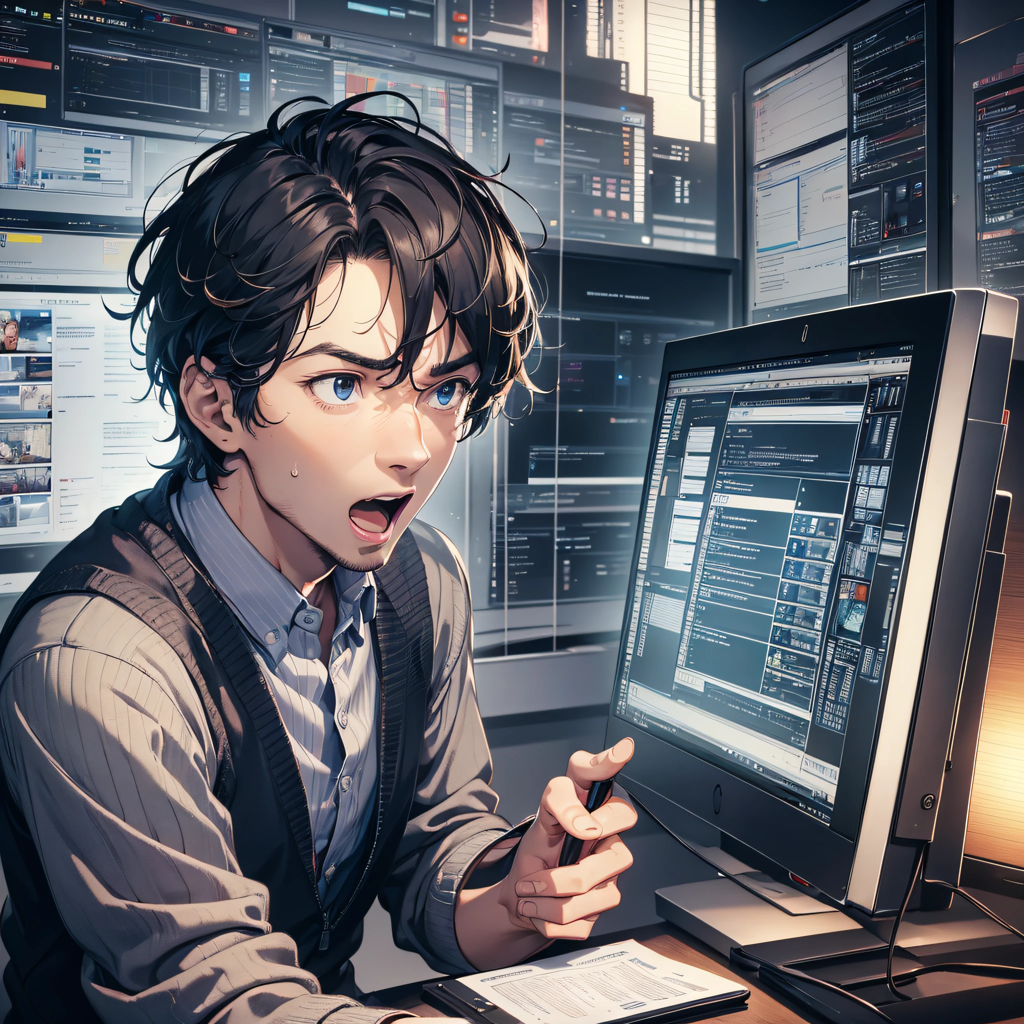 A man, surprised, shocked, excited, looking at the computer, in the office, at night, (masterpiece:1.2), best quality, masterpiece, highres, original, extremely detailed wallpaper, perfect lighting, (extremely detailed CG:1.2),