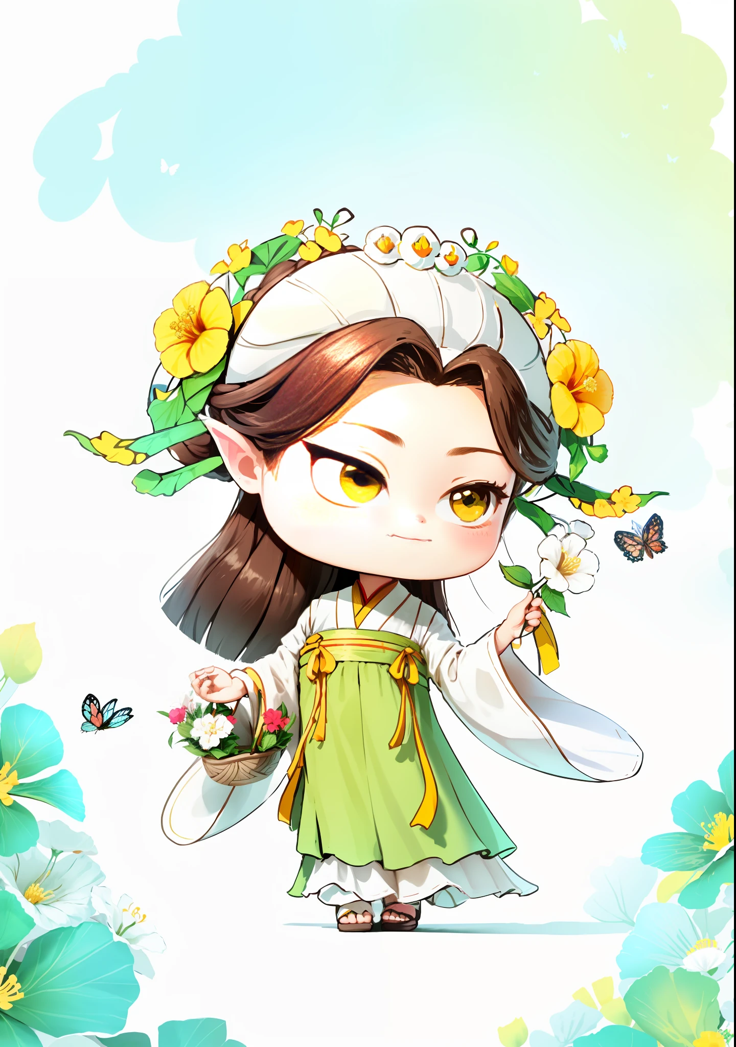 A cute girl with dark brown hair, ancient Chinese hair, holding a flower basket in one hand, holding a white hibiscus flower in the other hand, next to a butterfly, white hibiscus flowers on both sides of the hair, some metal flower headdress, yellow skirt, sleeves and shoulders of the clothes are light green, the scene has two butterflies playing, the color blocks are bright, the colors are bright, the colors are bright, the line art, infinite details, fine painting, beautifully depicted, blank background