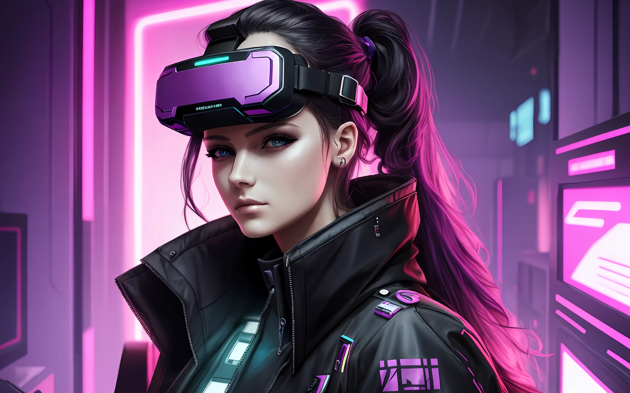 a hacker woman with thick voluminous hair and a purple ponytail of hair, a virtual reality headset, a VR headset that controls a computer terminal, computer servers, LCD screens, fiber optic cables, is engaged in the manufacture of deepfake, works at a computer, Anastasia Ovchinnikova, Marina Fedorovna, photo Jessica Devic, Sofia Emelenko, Maria Panfilova, Alexandra Valishevskaya, Nadezhda Tikhomirova, Katinka Reinke, Angelina Stroganov, Svetlana Tigay, art style cyberpunk, cyberpunk themed art, cyberpunk art style, cyberpunk girl portrait, cyberpunk portrait, cyberpunk bright glow, advanced cyberpunk digital art, cyberpunk style, cyberpunk style color, hyper-realistic cyberpunk style, female cyberpunk, cyberpunk character art, dreamy cyberpunk girl, cyberpunk atmosphere, cyberpunk atmosphere, cyberpunk vibes, high detail, cinematic composition