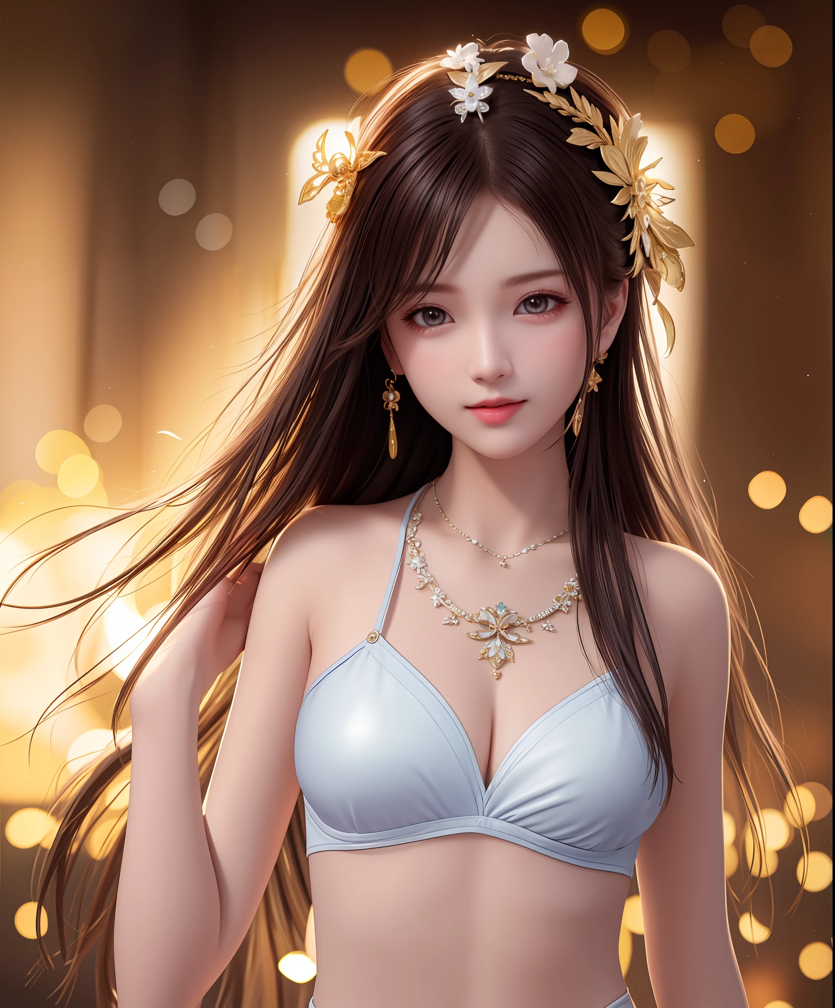 Top Quality, Masterpiece, Hi-Res, Girl One, Swimsuit, Hair Ornament, Necklace, Jewelry, Beautiful Face, upon_body, Tyndall Effect, Photorealistic, Dark Studio, Rim Lighting, Two-Tone Lighting, (High Definition Skin: 1.2), 8K UHD, DSLR, Soft Lighting, High Quality, Volumetric Lighting, Candid, Photography, High Resolution, 4k, 8k, bokeh,