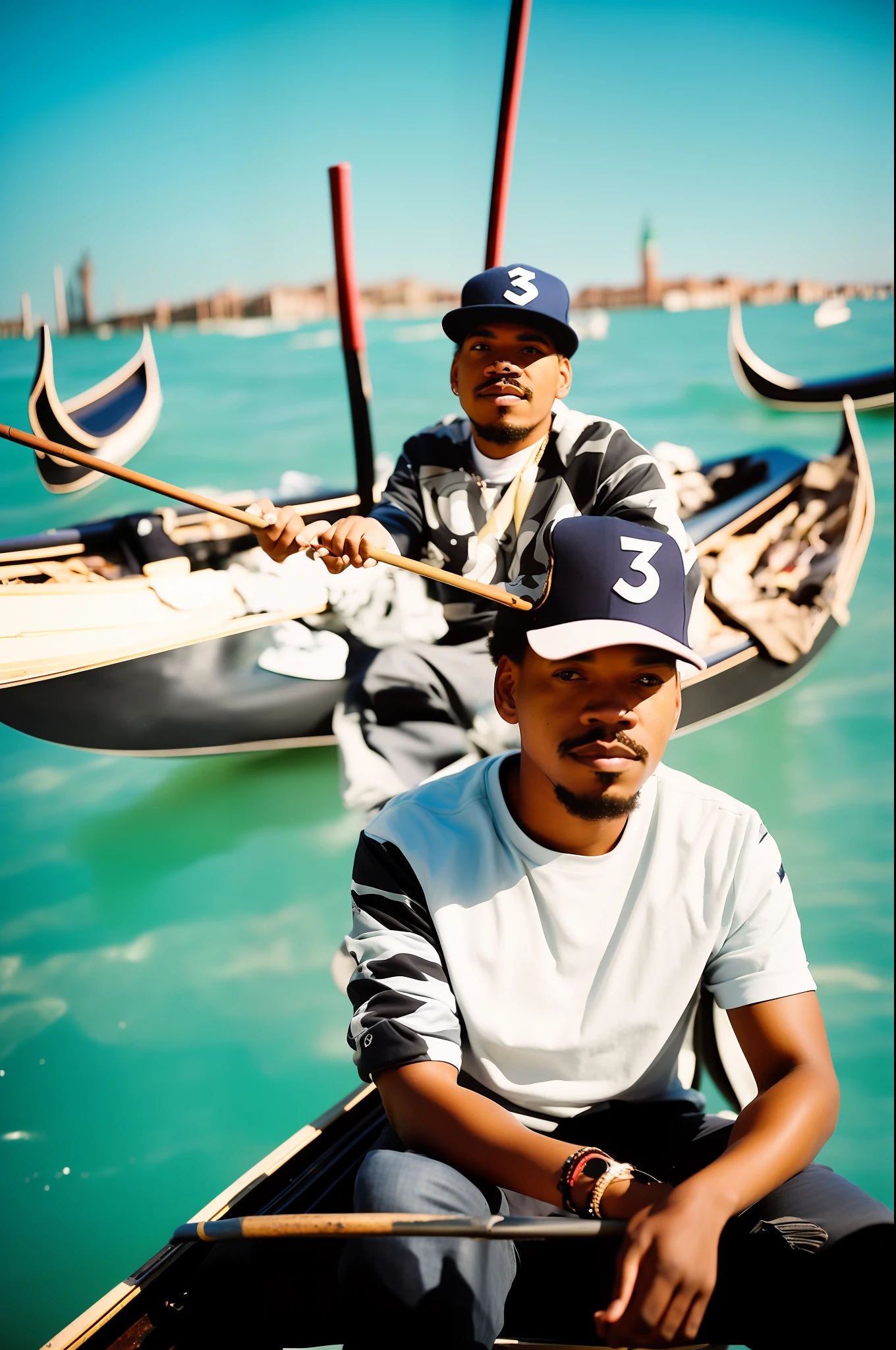 lomo style portrait of Chance the Rapper on a gondola in venice
