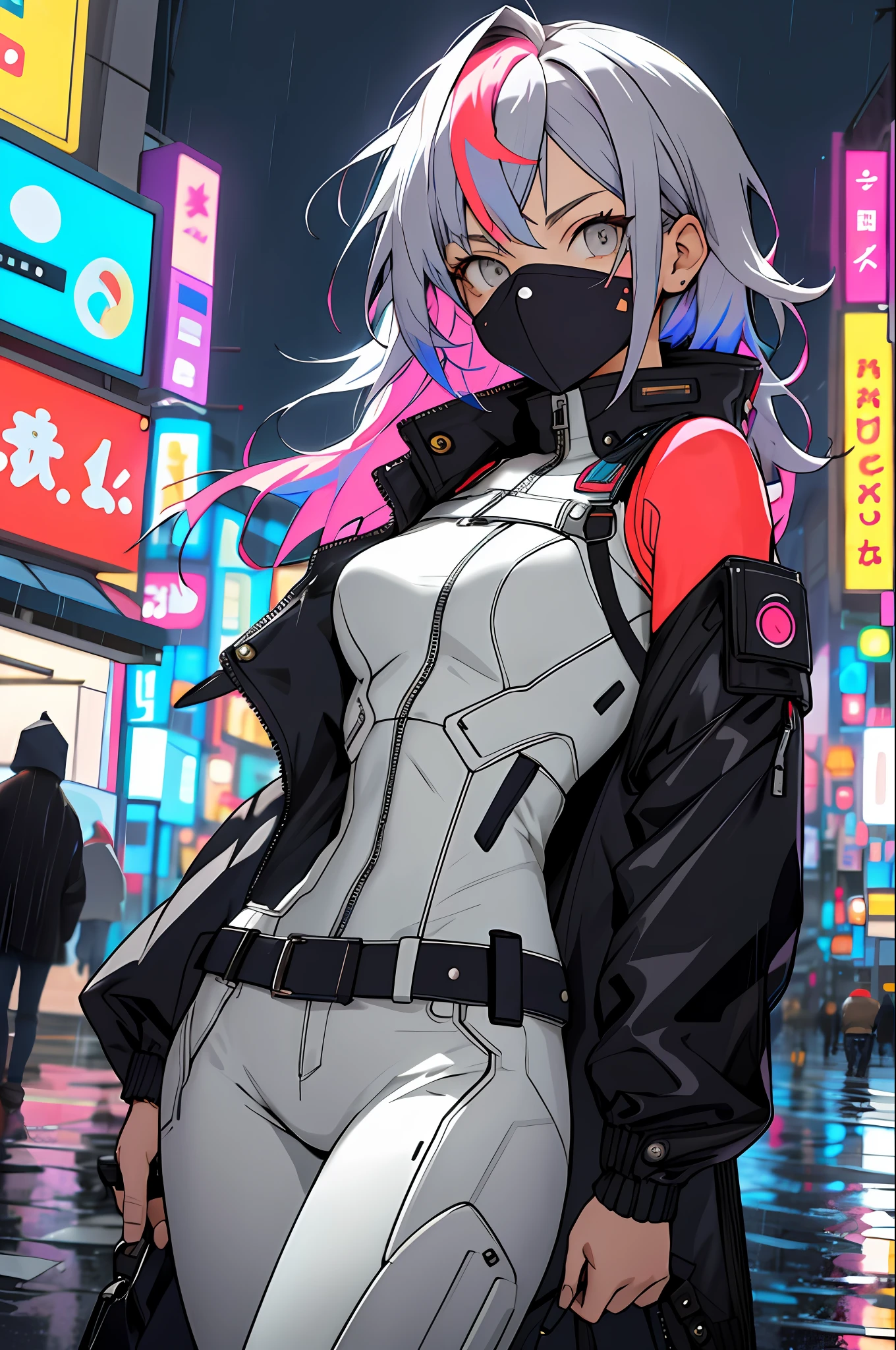 portrait, 1 girl, beautiful face, asymmetrical hair, multi-colored hair, belt, bodysuit, covered mouth, covered navel, detached sleeves, grey eyes, hip vent, open jacket, cute, look at viewer, night city, neon, rainy,