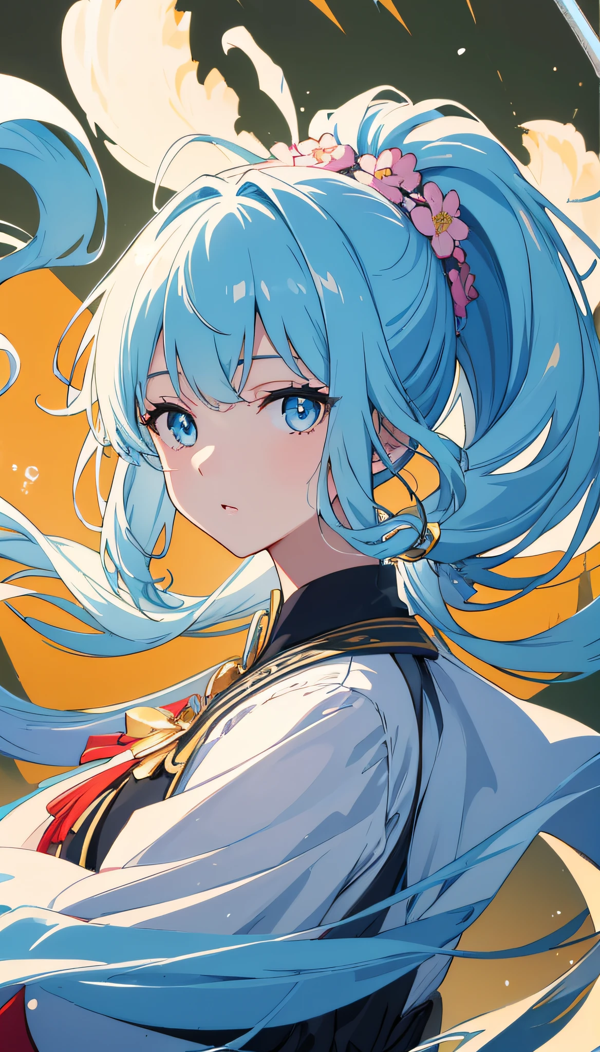 (masterpiece), (best quality), (ultra detailed),(disheveled hair),(illustration), (1girl), (Fashionable clothing), standing, Fashion model, looking at viewer, (interview), (simple background),beautiful detailed eyes, delicate beautiful face, Floating,(high saturation),(colorful splashes),colorful bubble,(shining), focus on face, ponytail, kamisato ayaka, light blue hair, bangs, hair ring, floating flowers, floating hairs, (shining), best lighting, best shadow,