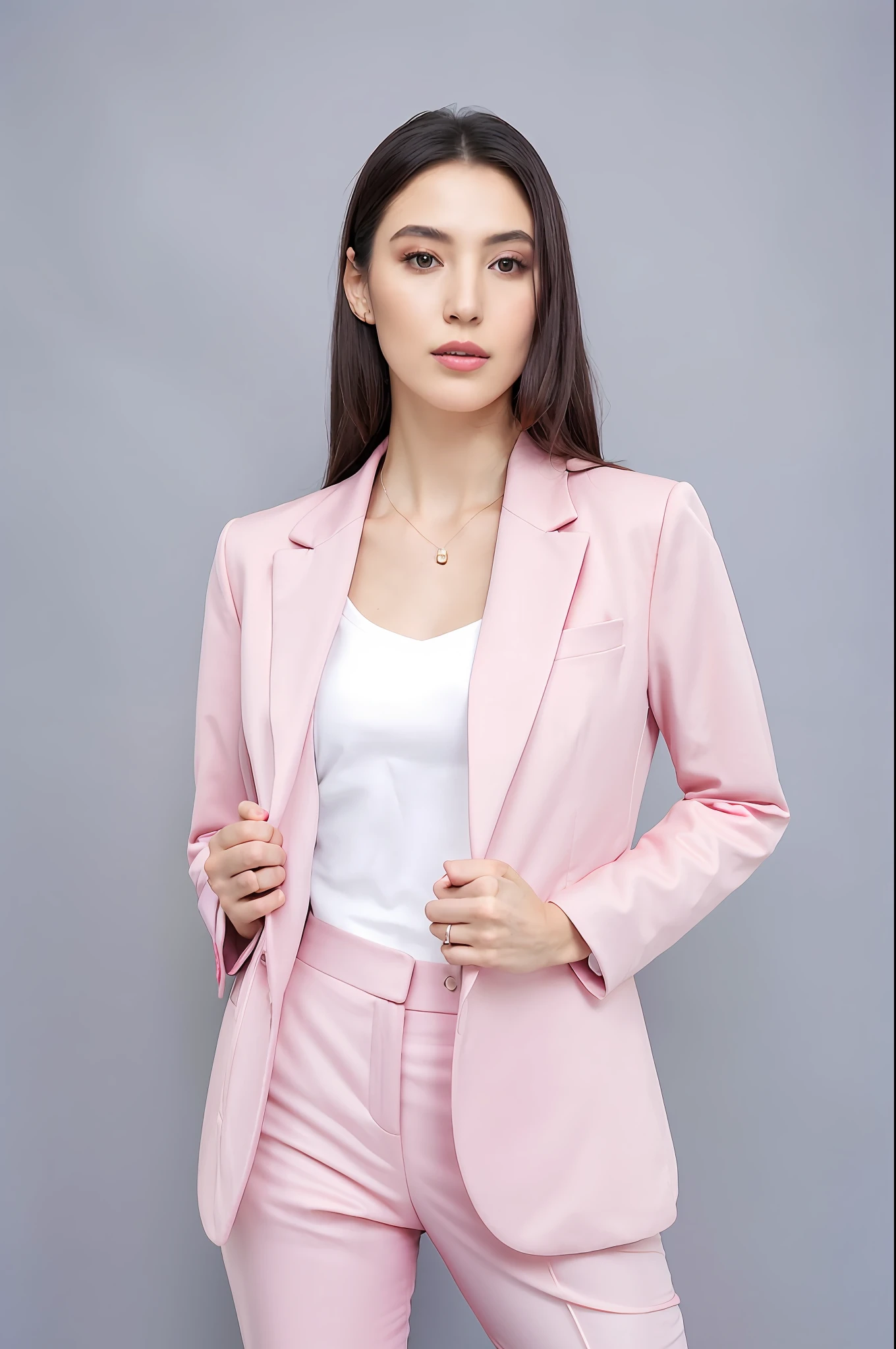 woman in pink suit posing for a picture against a gray background, wearing a light - pink suit, girl in suit, girl in a suit, in style of lam manh, wearing business suit, woman in business suit, wearing fashion suit, business suit, wearing a business suit, young business woman, eora, woman model, wearing an elegant outfit, wearing suit