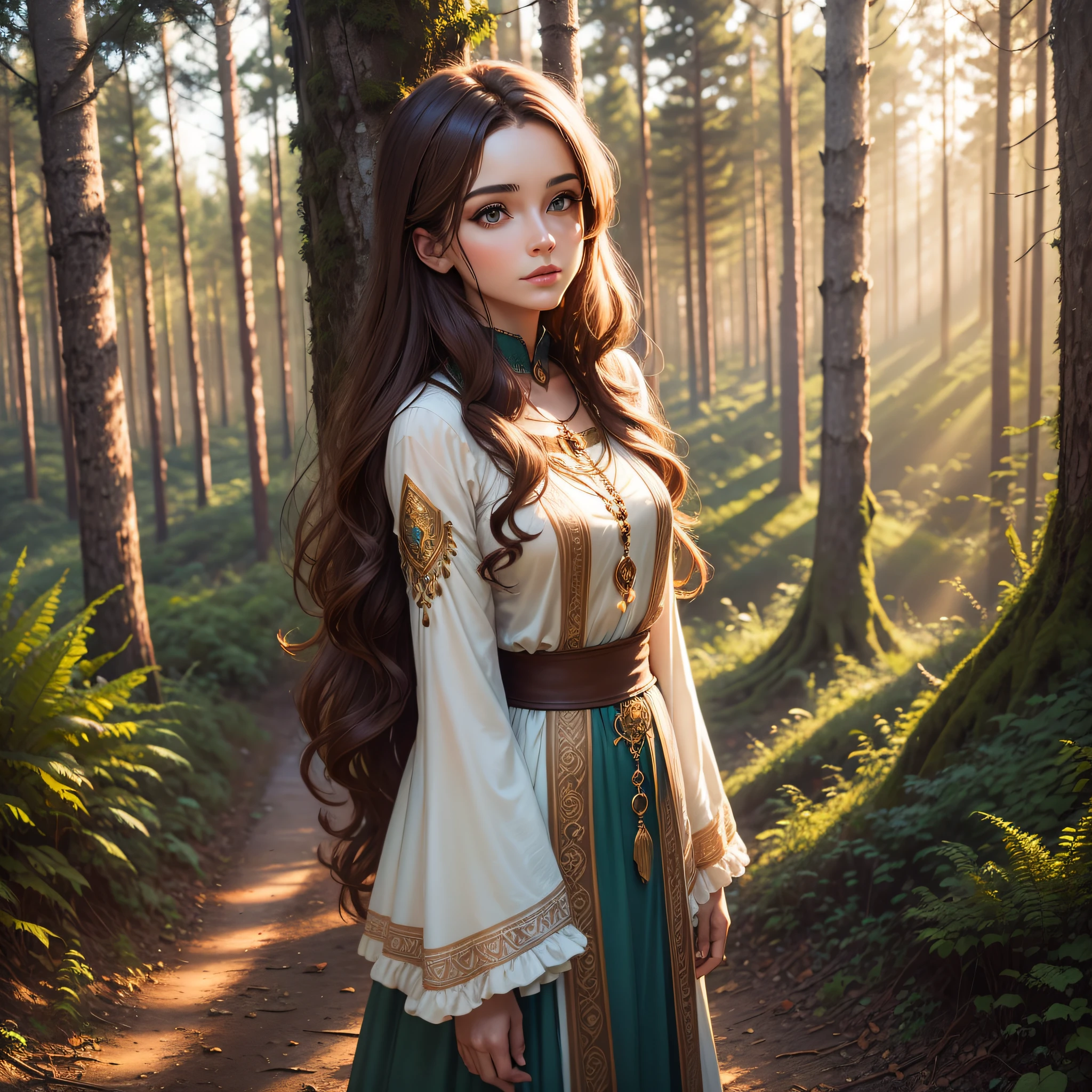 Beautiful mystical woman with brown hair, in a beautiful forest enjoying the sunset --auto --s2