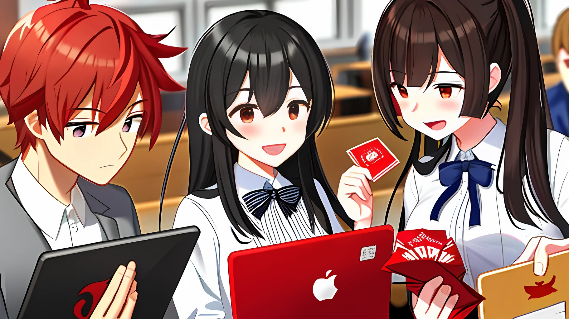 Describe a class where students gather to play mobile games and share red envelopes they have snatched with each other.
