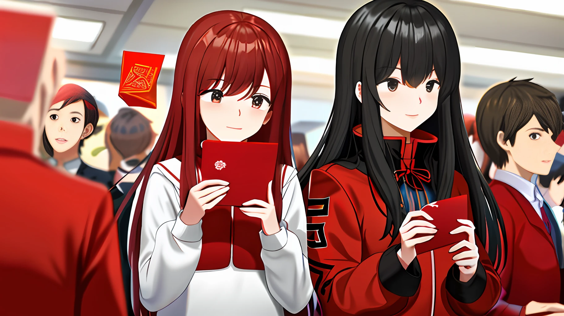 Describe a class where students gather to play mobile games and share red envelopes they have snatched with each other.