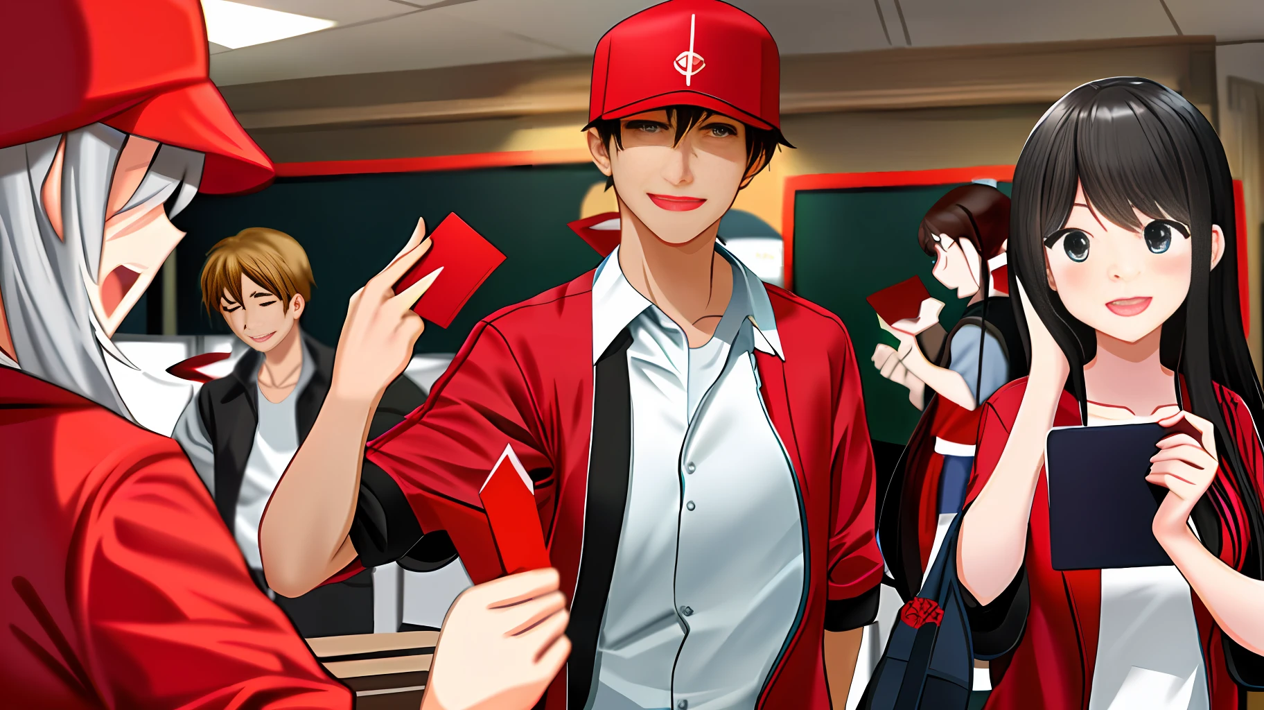 Describe a class where students gather to play mobile games and share red envelopes they have snatched with each other.