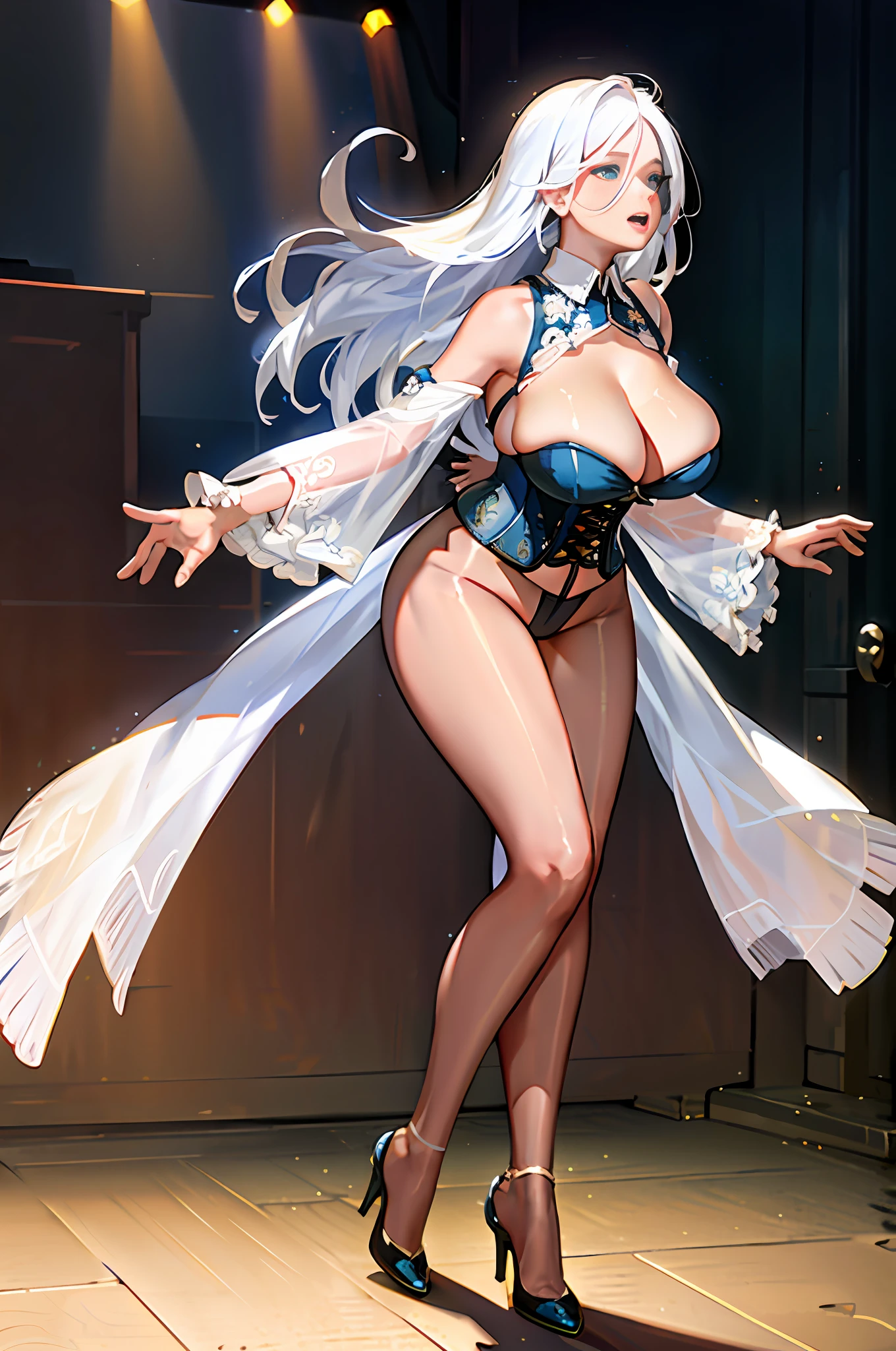 Ultra-realistic 8k CG, beautiful girl with white hair, blue eyes, open mouth, puffy, plump body, corset breast, fleshy thighs, white floral pattern stockings, high heels, full body, looking at the audience, symmetry, add_detail:1.5