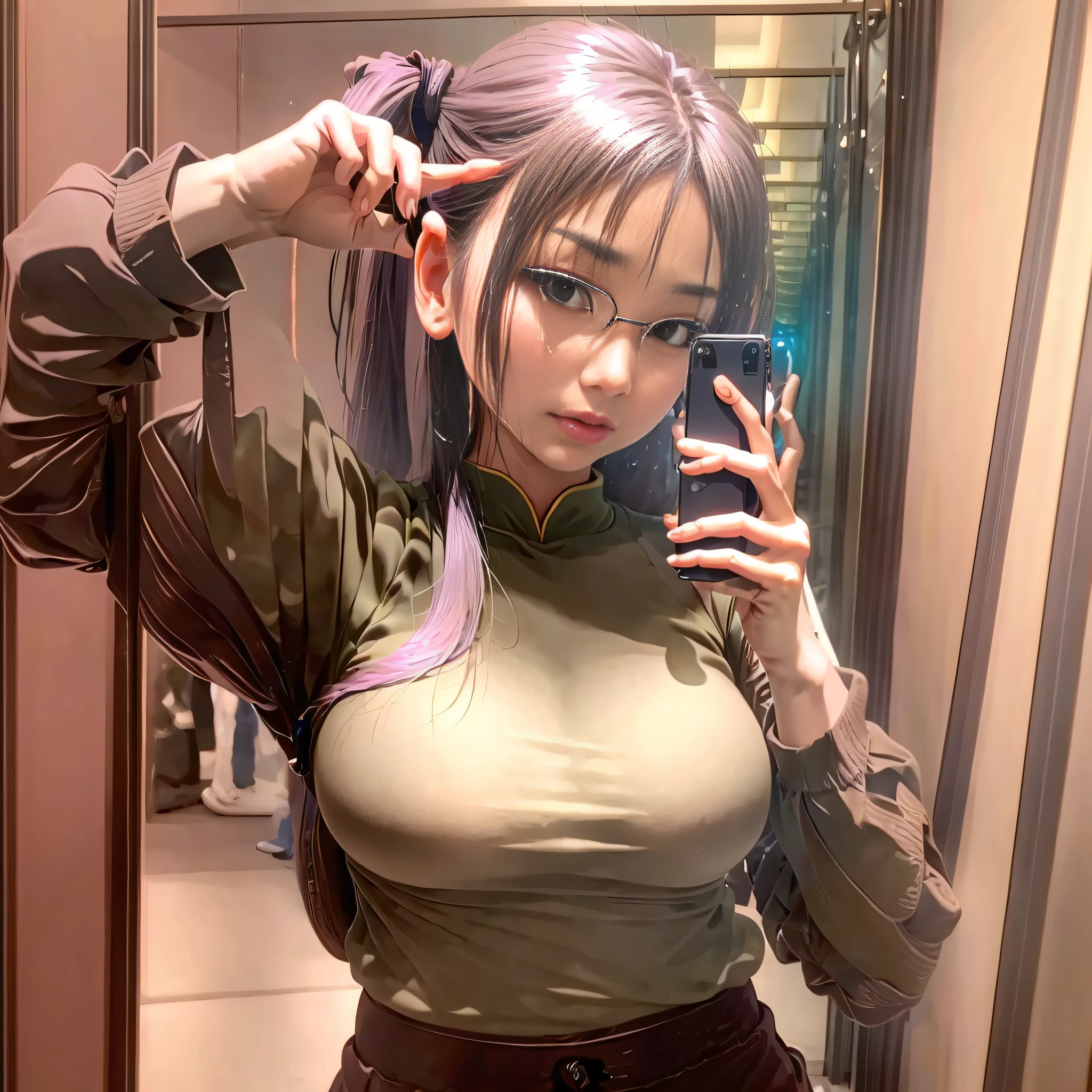 Personality stylish Chinese girl in front of mirror indoors, holding mobile phone selfie, curves, shorts, long-sleeved top, grey hair, aqua eyes, jitome, Surrealism, Realism, cinematic lighting, first-person view, close-up, panorama, Ultra-Wide Angle, UHD, ccurate, textured skin, high details, high quality, best quality, 16k, HD, highres