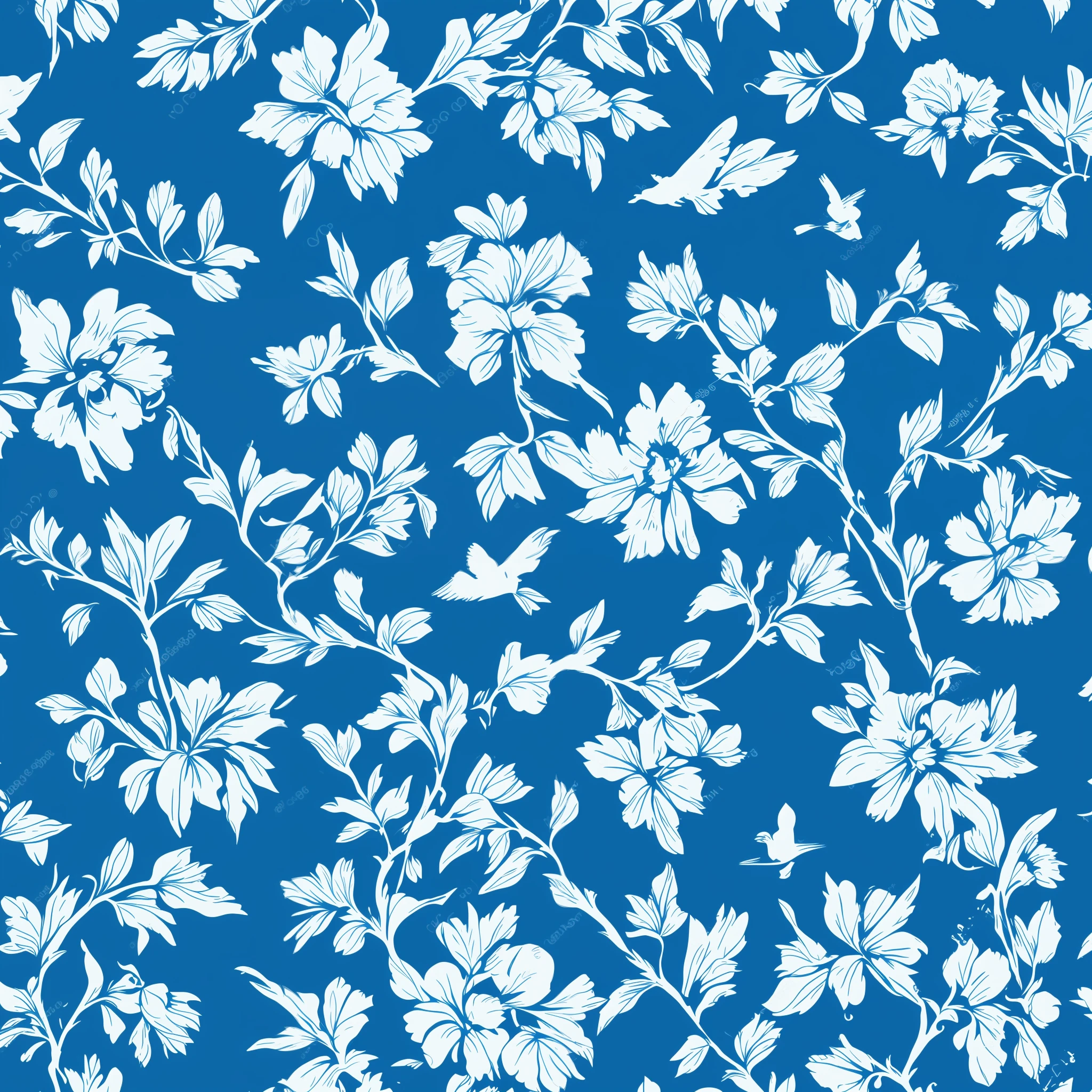 flowers and vines pattern with birds on a blue background