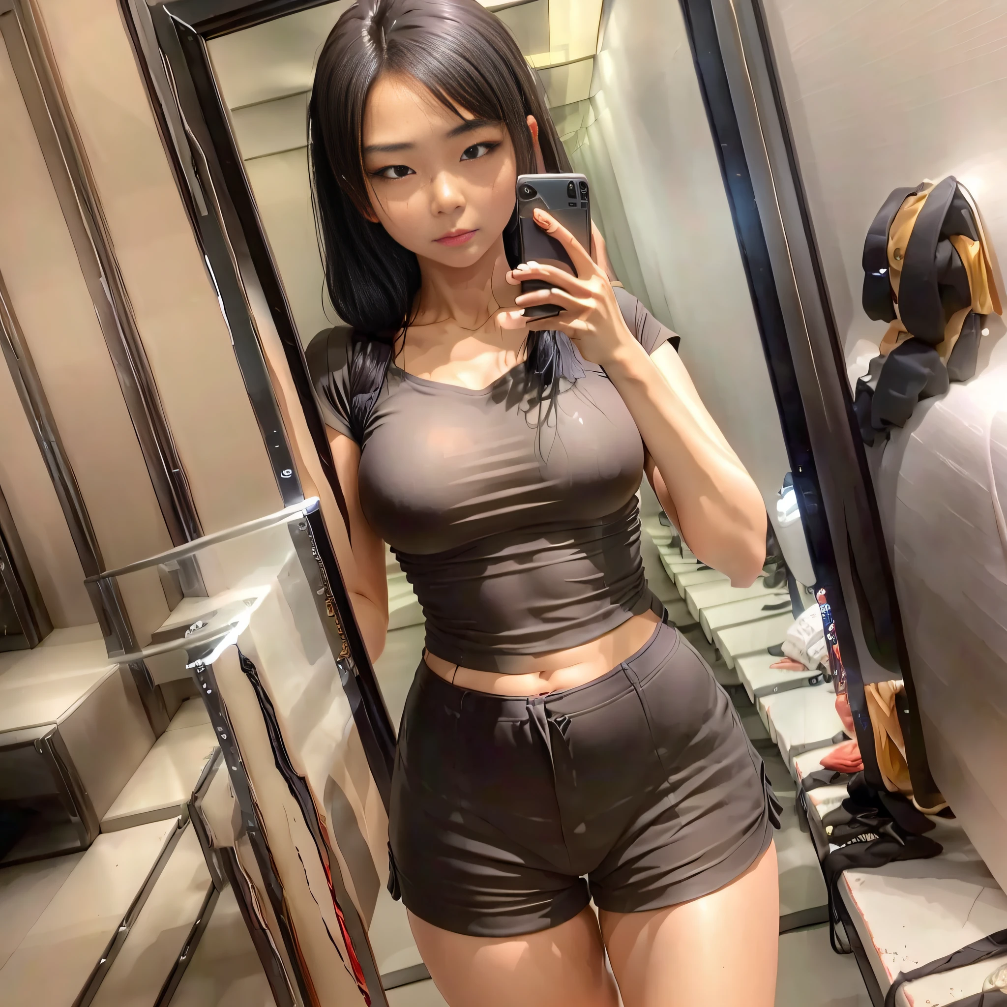 Personality stylish Chinese girl in front of mirror indoors, holding mobile phone selfie, curves, shorts, long-sleeved top, grey hair, aqua eyes, jitome, Surrealism, Realism, cinematic lighting, first-person view, close-up, panorama, Ultra-Wide Angle, UHD, ccurate, textured skin, high details, high quality, best quality, 16k, HD, highres