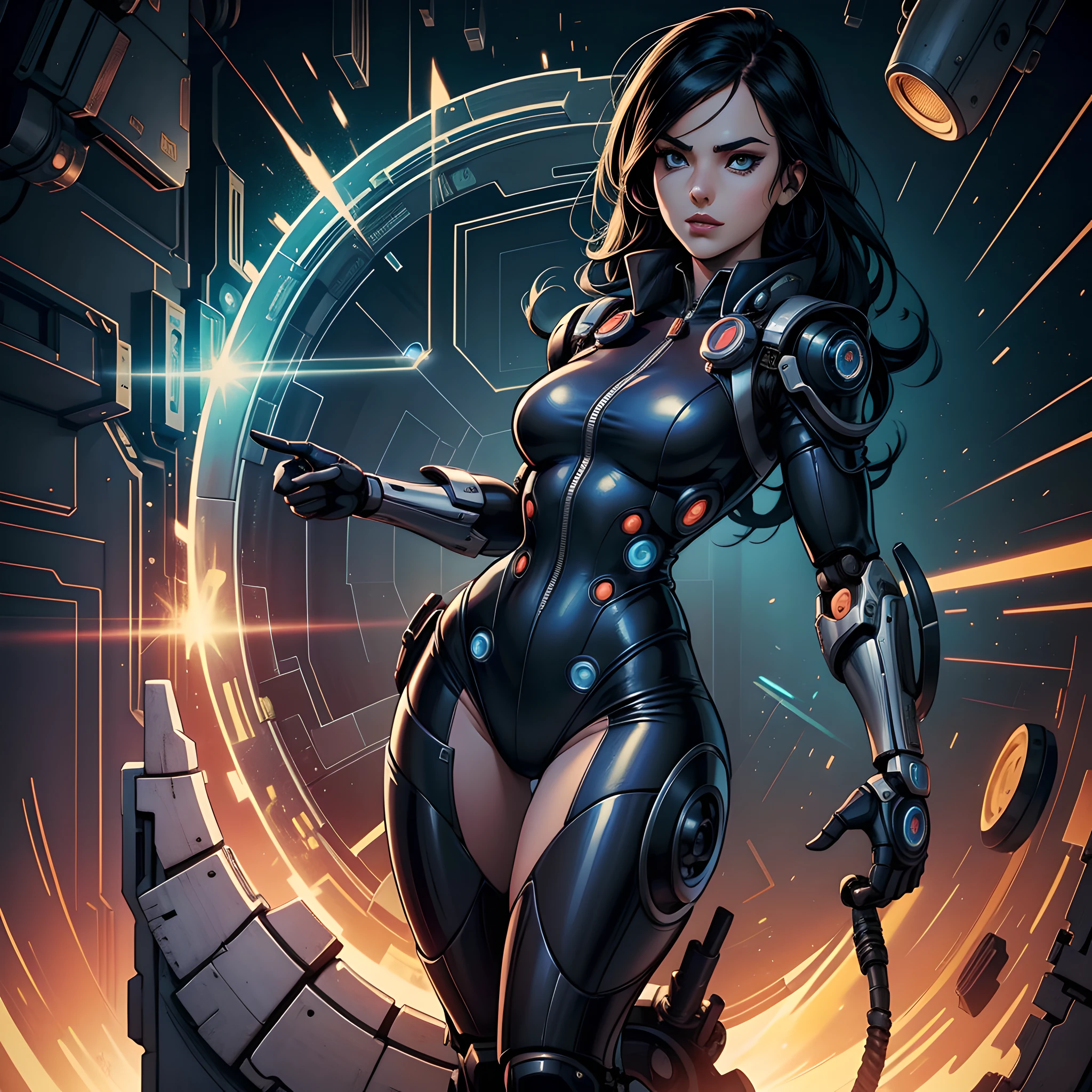 a detailed full body portrait of an engineer girl, wearing a futuristic overall, with magic portals, skin dentation, heroe, robotic parts, masterpiece, best quality, comic style, 2d