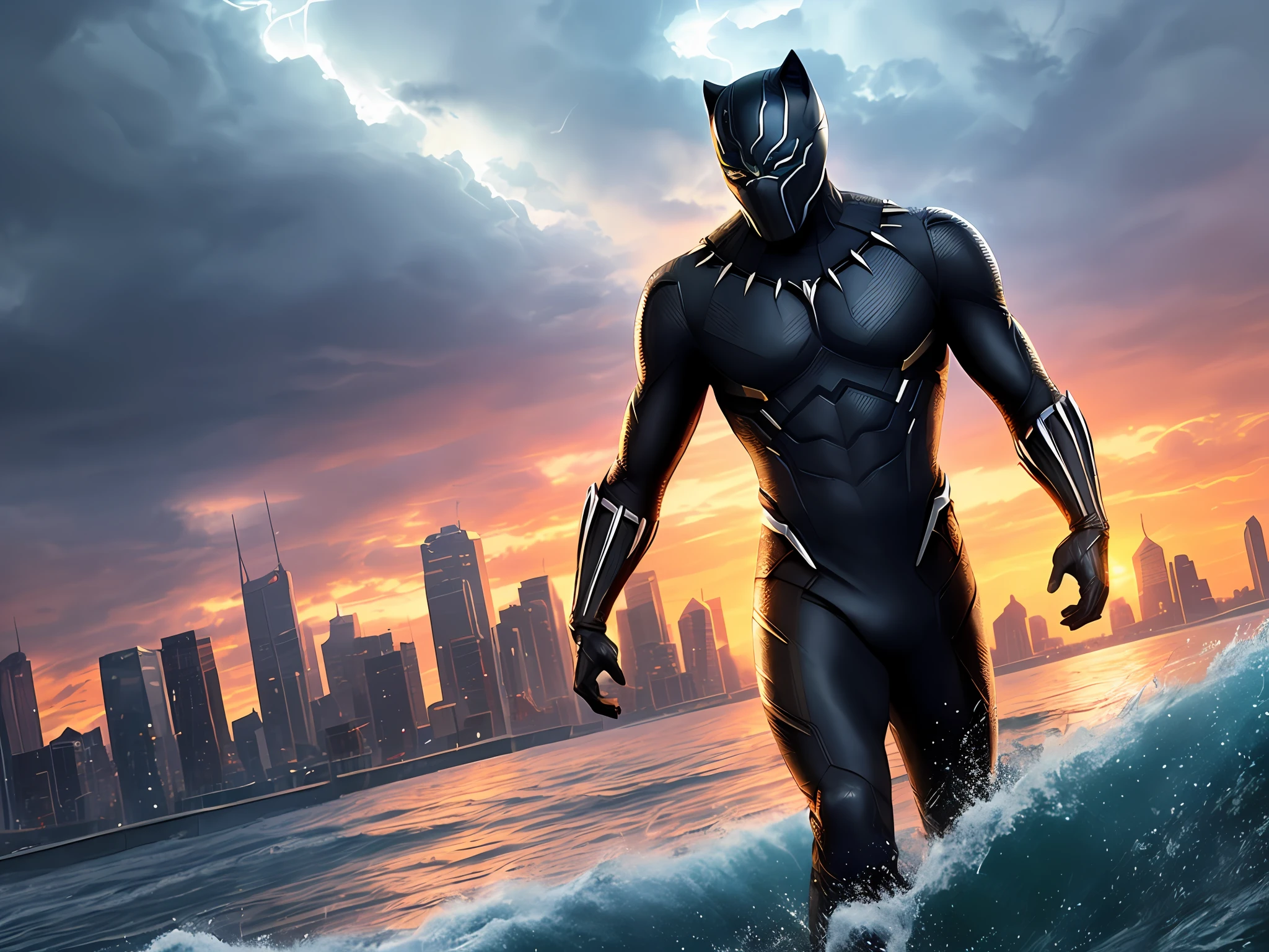 Black Panther from Marvel walking on water during a storm, masterpiece, best quality, high quality, extremely detailed CG block 8k wallpaper, award-winning photography, bokeh, depth of field, HDR, bloom, chromatic aberration, photorealistic, extremely detailed, trend on artstation, trend on CGsociety, complex, high detail, dramatic, art in the middle of the road, volumetric lighting