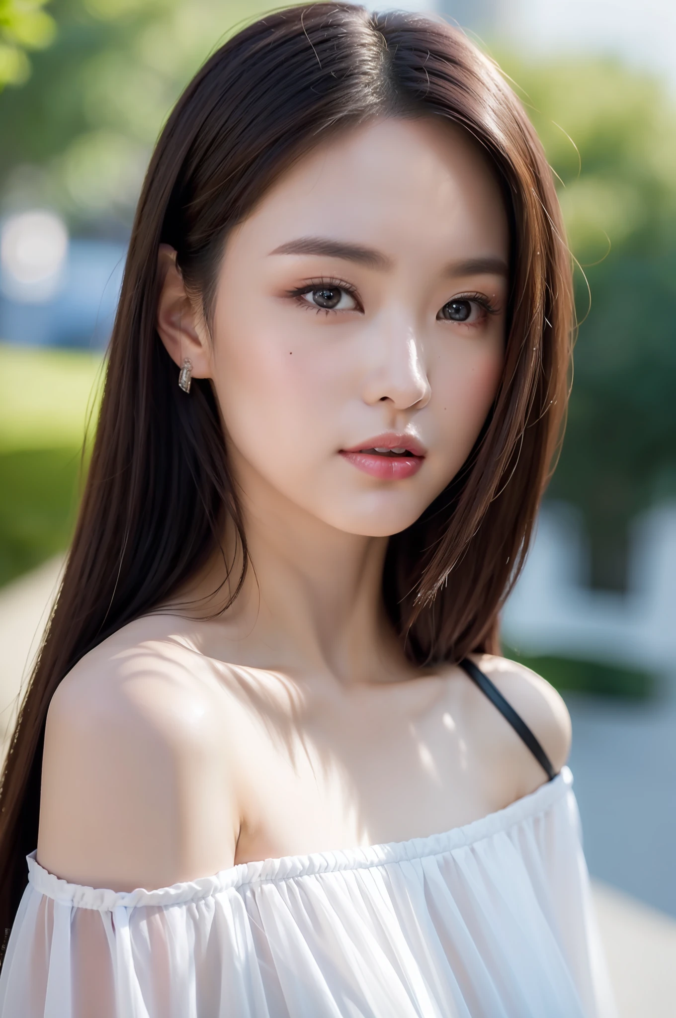 ((Best Quality, 8K, Masterpiece: 1.3)), Sharp Focus: 1.2,1 Cute Asian Woman Photos: 1.4, Black hair, middle breasts, wearing white blouse, very detailed eyes and face, sharp pupils, realistic pupils, sharp focus, cinematic lighting, off-shoulder, highly detailed eyes and face, sharp pupils, realistic pupils, sharp focus, movie lighting