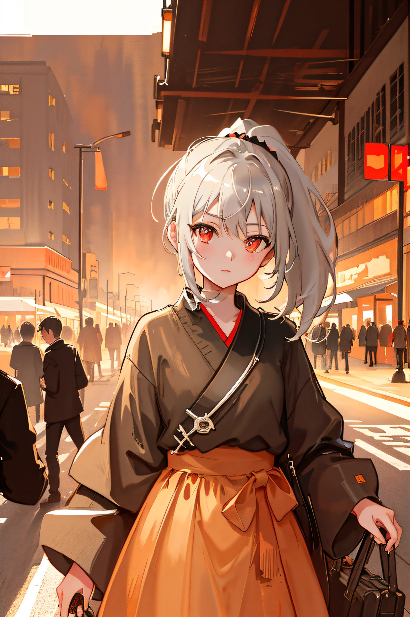 masterpiece, top quality, one girl, portrait, gray hair, ponytail, red eyes, samurai, wheat landscape, sun, clouds, (neutral color), (hdr:1.4),nk drawing of Hongkong red light streets, crowds of vendor facing the camera, signs crossing, electric wires, lanterns hanging, bougainville on terraces, Peter Draws, digital illustration, comic style, warm monochrome on brown paper. centered, dynamic, highly detailed, watercolor painting, artstation, concept art, smooth, sharp focus, illustration, art by Carne Griffiths and Wadim Kashin ,