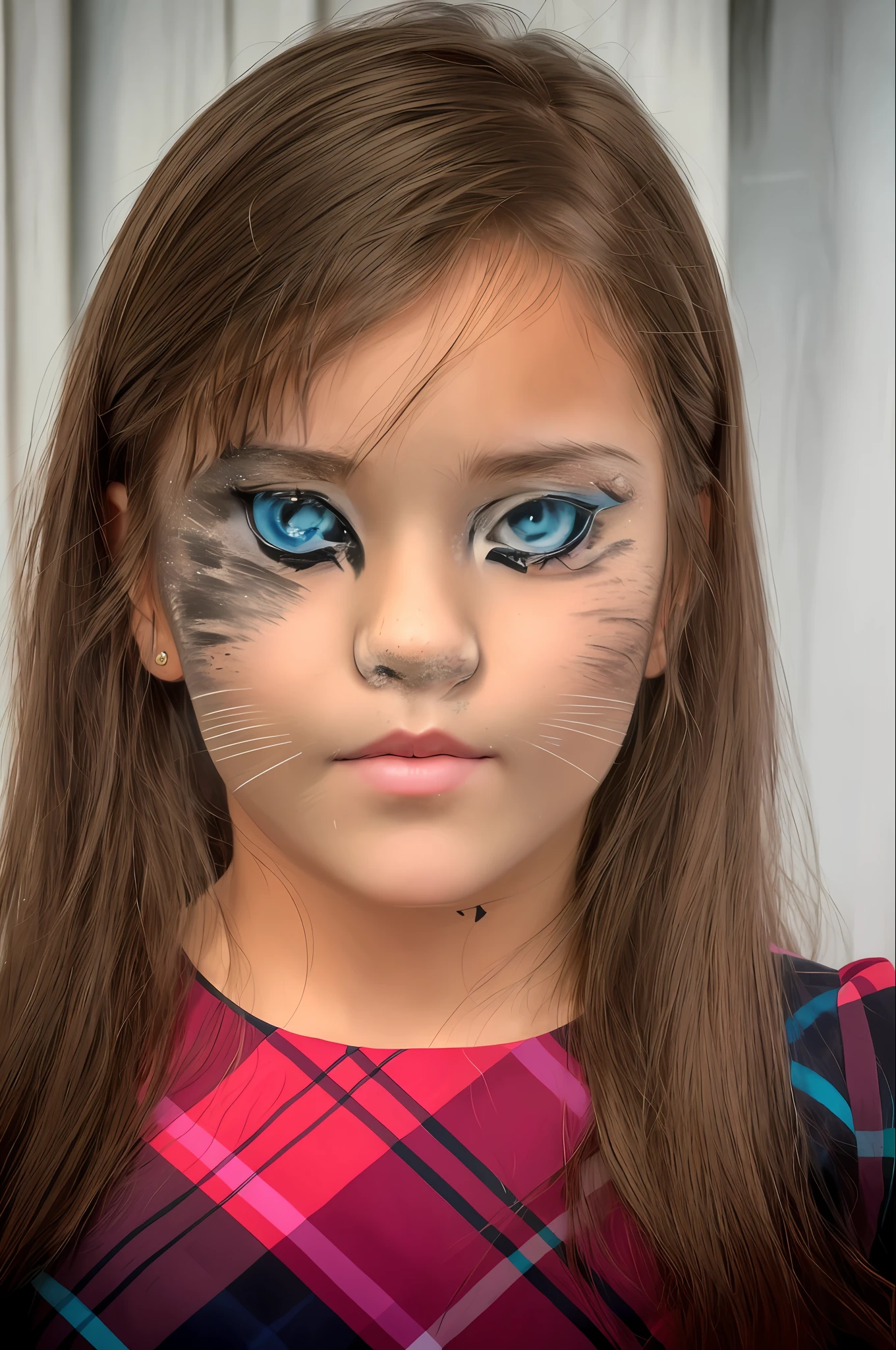 portrait of a girl with a cat face painted on her face, beautiful young girl, cat face, attractive cat girl, cat girl, human cat hybrid, very cute cute cat, girl, marks on her face, hybrid woman/cat, face painting around eyes, with very highly detailed face, complete - face close - portrait above