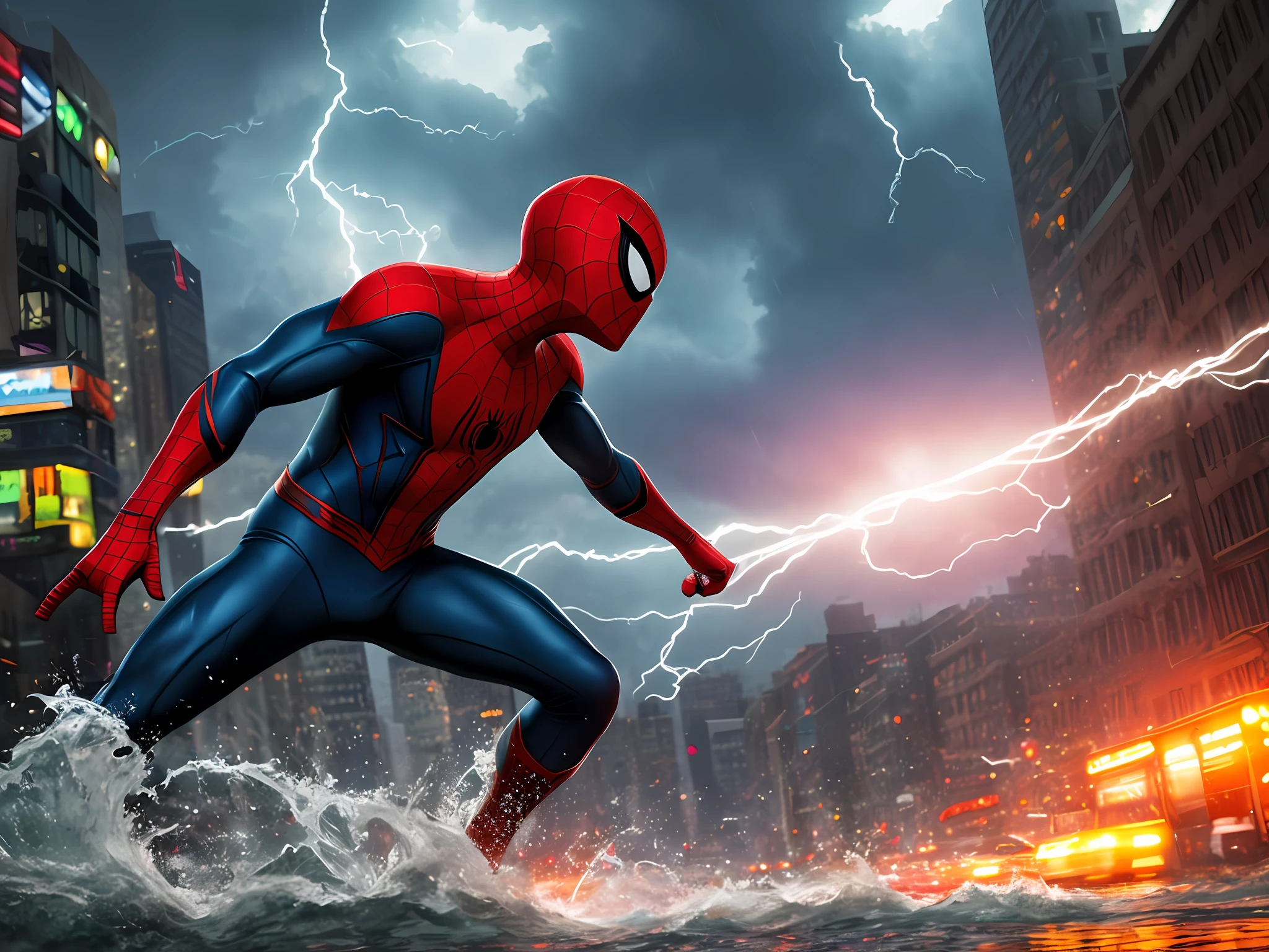Spider-Man from Marvel walking on water during a storm, masterpiece, best quality, high quality, extremely detailed CG block 8k wallpaper, award-winning photography, bokeh, depth of field, HDR, bloom, chromatic aberration, photorealistic, extremely detailed, trend on artstation, trend on CGsociety, complex, high detail, dramatic, art in the middle of the road, volumetric lighting