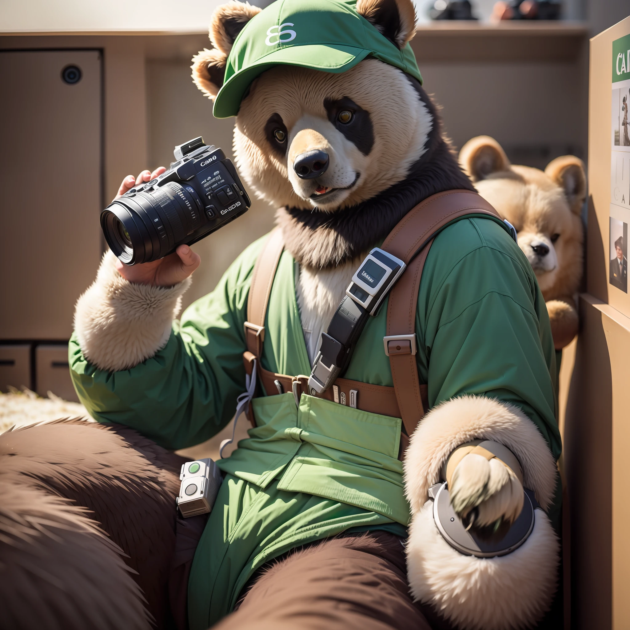 araffe dressed in green holding a camera and a camera, professional cosplay, close to the camera, national geographic photoshoot, captured on canon eos r 6, fujifilm”, taken with canon 5d mk4, shot on sony a 7 iii, posing for a picture, posing for the camera, portrait shot, shot on canon eos r5, shot on canon eos r 5