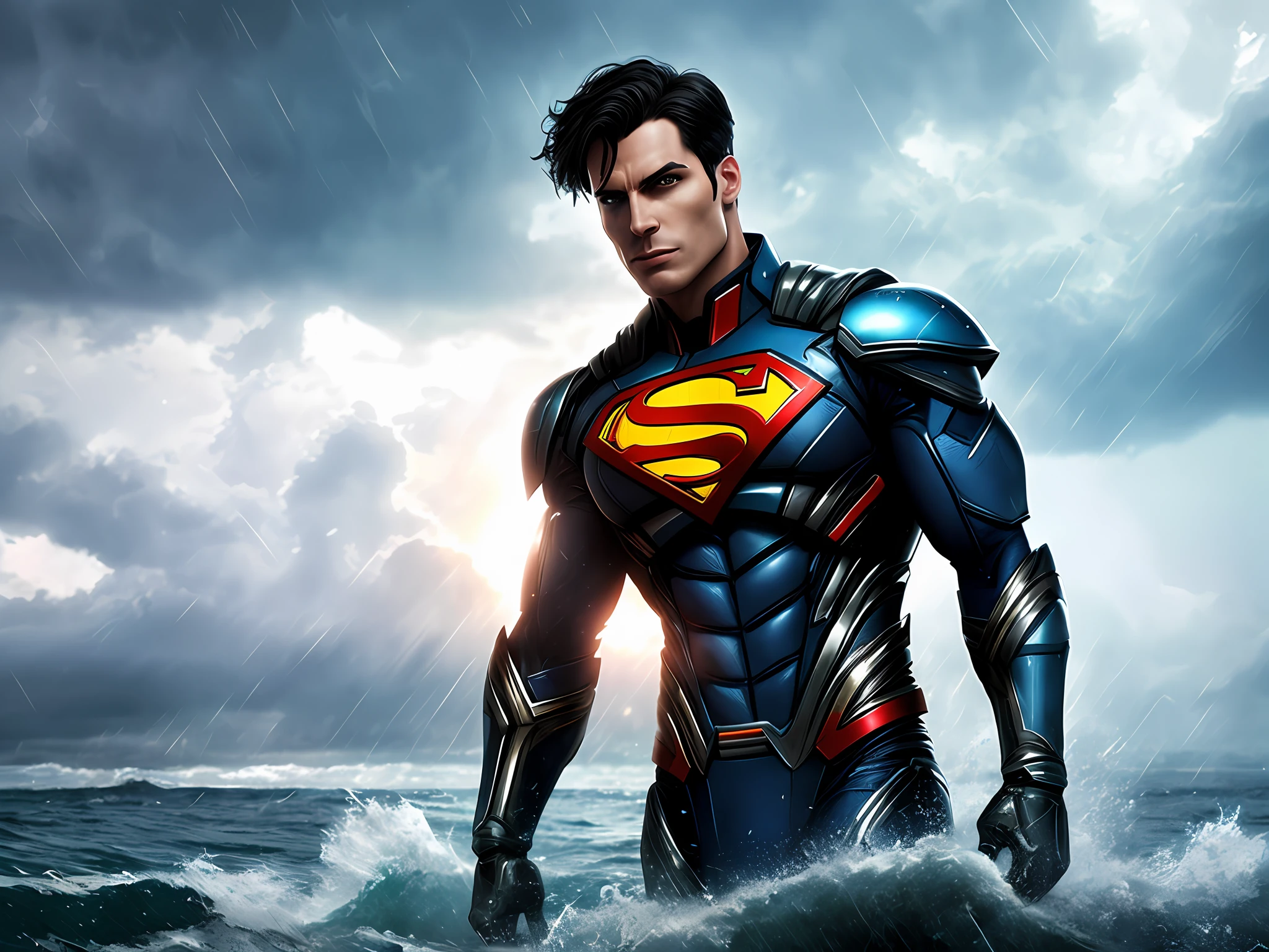 Cyborg Superman from DC walking on water during a storm, masterpiece, best quality, high quality, extremely detailed CG block 8k wallpaper, award-winning photography, bokeh, depth of field, HDR, bloom, chromatic aberration, photorealistic, extremely detailed, trend on artstation, trend on CGsociety, complex, high detail, dramatic, art in the middle of the road, volumetric lighting