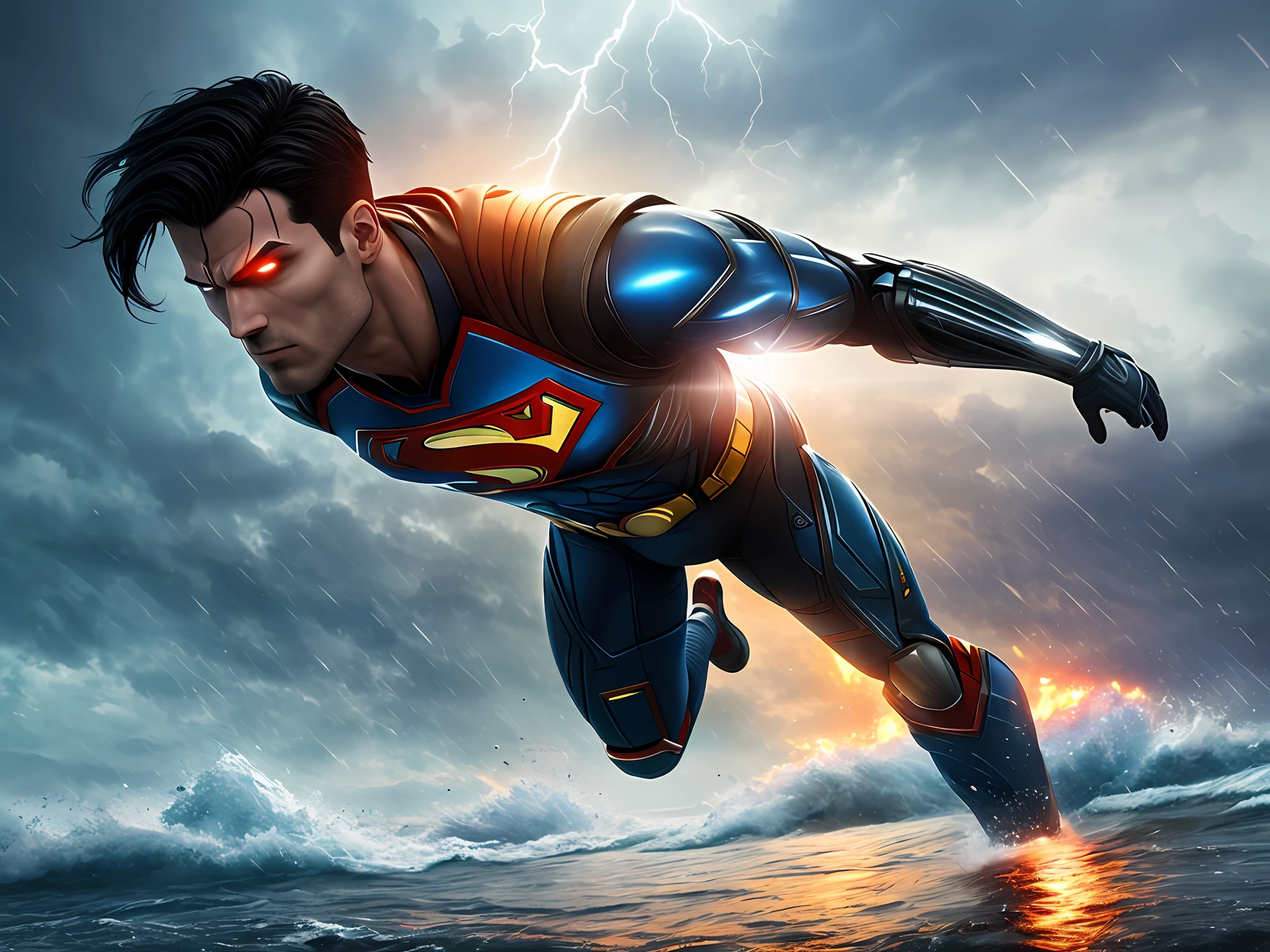 Cyborg Superman from DC walking on water during a storm, masterpiece, best quality, high quality, extremely detailed CG block 8k wallpaper, award-winning photography, bokeh, depth of field, HDR, bloom, chromatic aberration, photorealistic, extremely detailed, trend on artstation, trend on CGsociety, complex, high detail, dramatic, art in the middle of the road, volumetric lighting