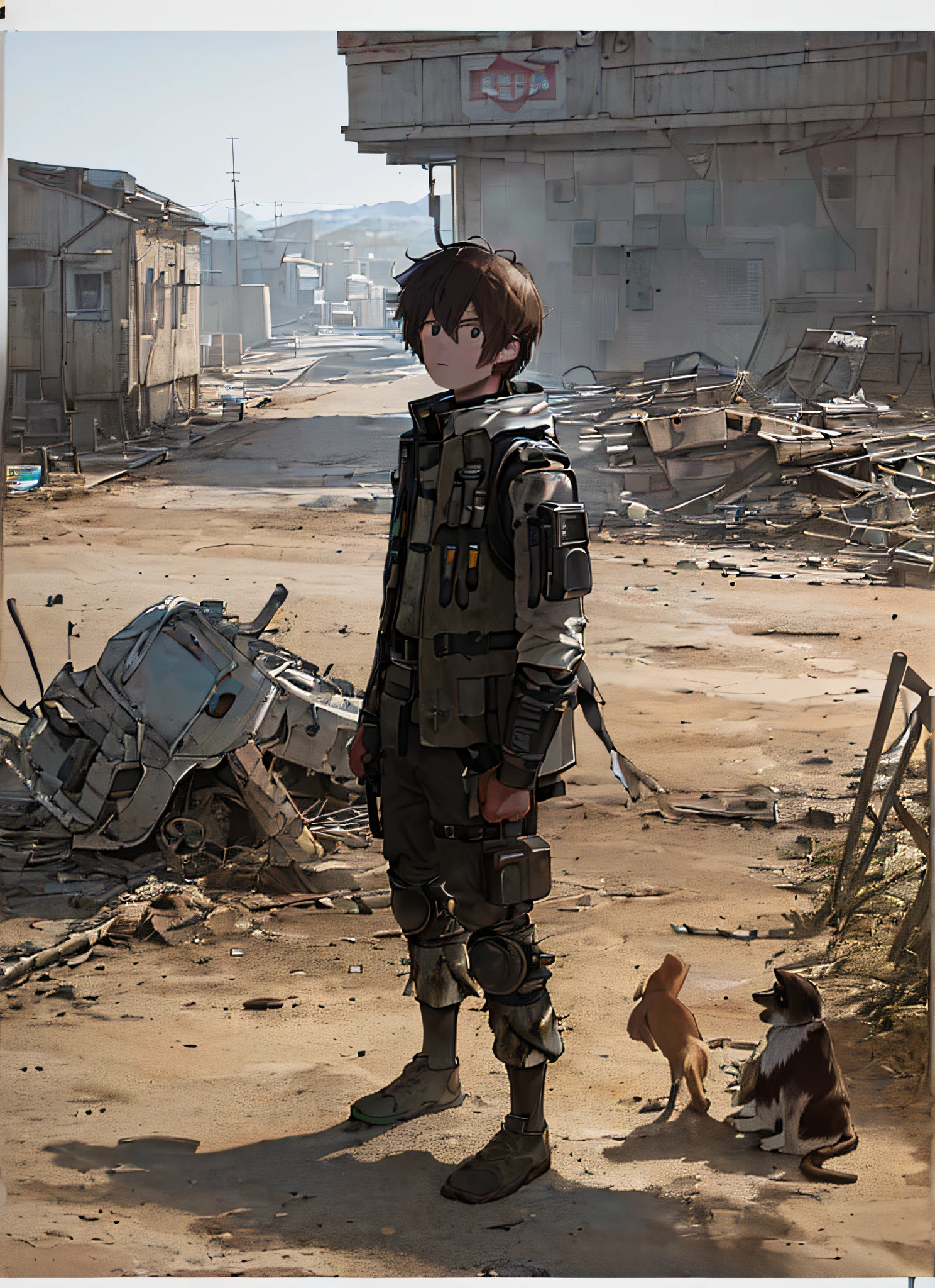 (((8k, RAW photo, best quality, master:1.4))), super high resolution, super detail, illustration, close-up, wasteland costumes, , post-apocalyptic wasteland, third person, lonely man with dog standing in the road in ruins.